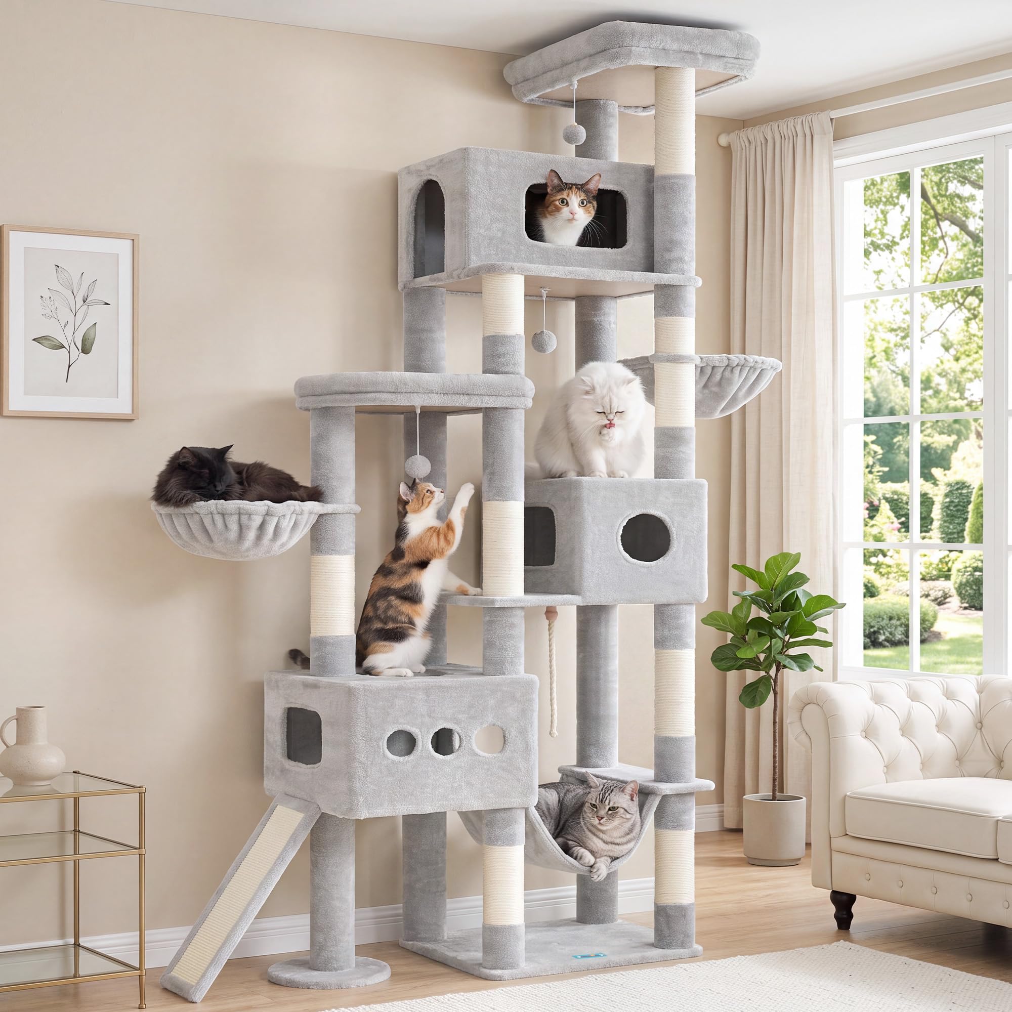 Gitelsnour Árbol para Gatos XXL 225 cm – Árbol Estable para Gatos Grandes, 3 Nidos, 2 Cestas Colgantes, Hamaca, Tabla Rascadora, 2 Plataformas de Observación, Base Estable, Gris Claro GCT808W