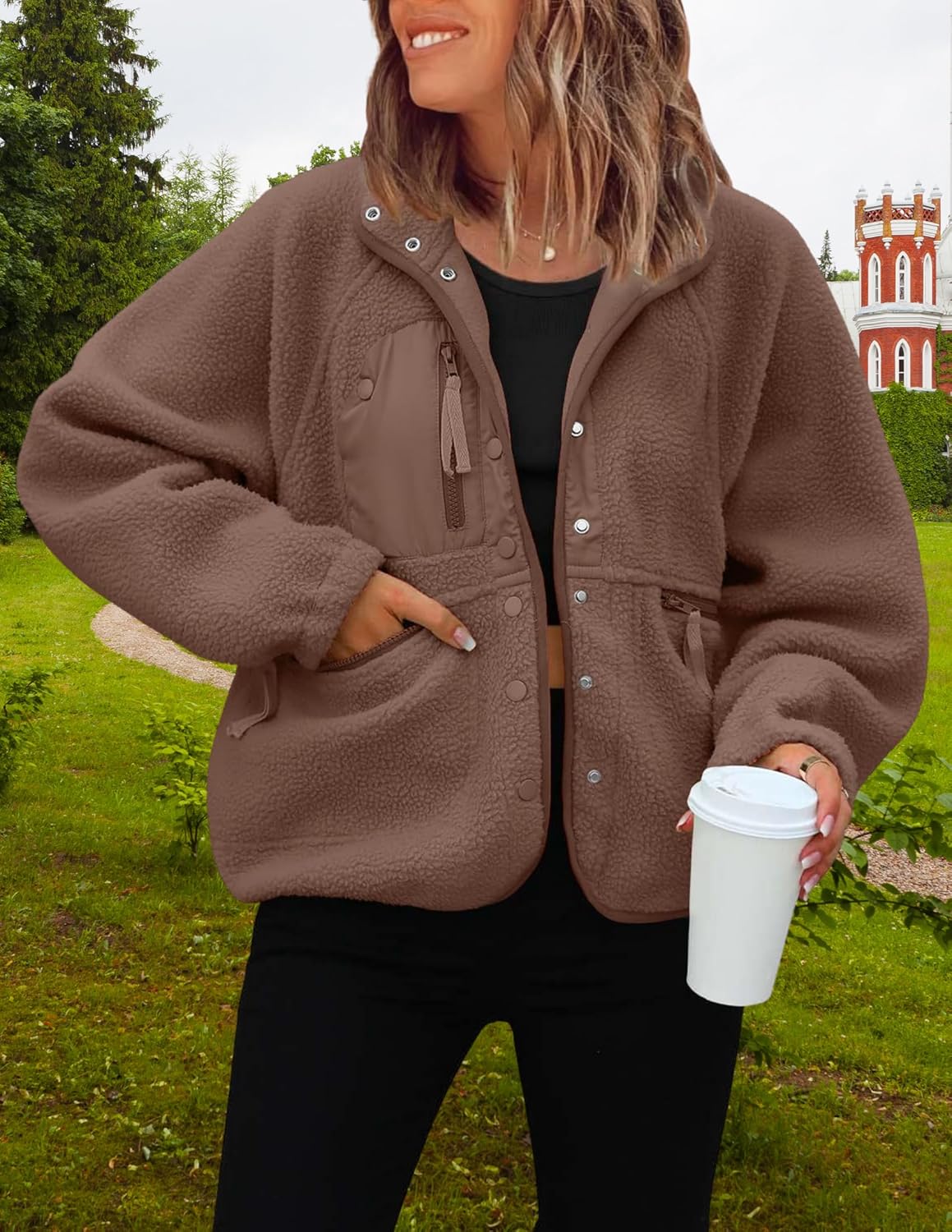 LIZALIG Women's Casual Cropped Sherpa Jacket - Lapel Button Down Fuzzy Fleece Winter Warm Coat with Pockets - Image 4