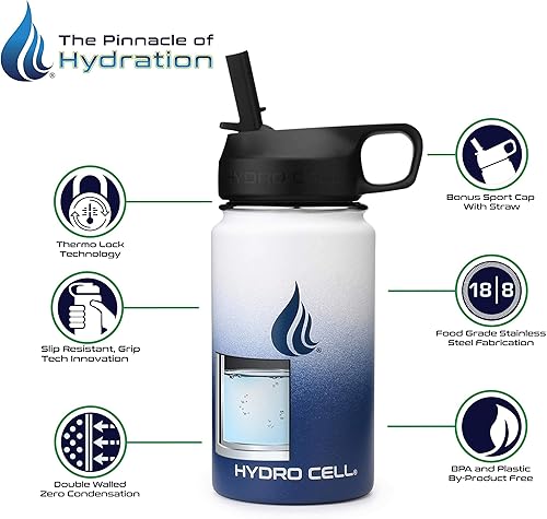 Miniatura 6 de HYDRO CELL Botella de agua de acero inoxidable con sorbete y tapa ancha de boca (azul marinoblanco, 14 onzas con funda protectora de silicona azul