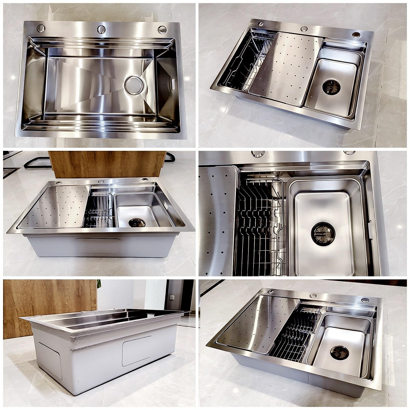 80x50cm Lavello Cucina In Acciaio Inox 304, Con Scolapiatti, Scheda Multifunzione, Filtro a Cestello, Sifone e Set Di Drenaggio, Uscita Di Scarico Destra, Da Incasso e Sottotop, 1 Vasca