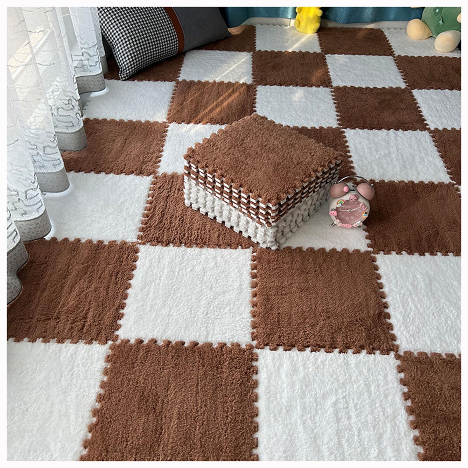 Tappeto ad Incastro Splice 16 Pezzi Piastrelle per tappeti ad Incastro, Tappeto Patchwork Antiscivolo, tappetini in Schiuma ad Incastro in Morbida Schiuma,White+brown-1cm
