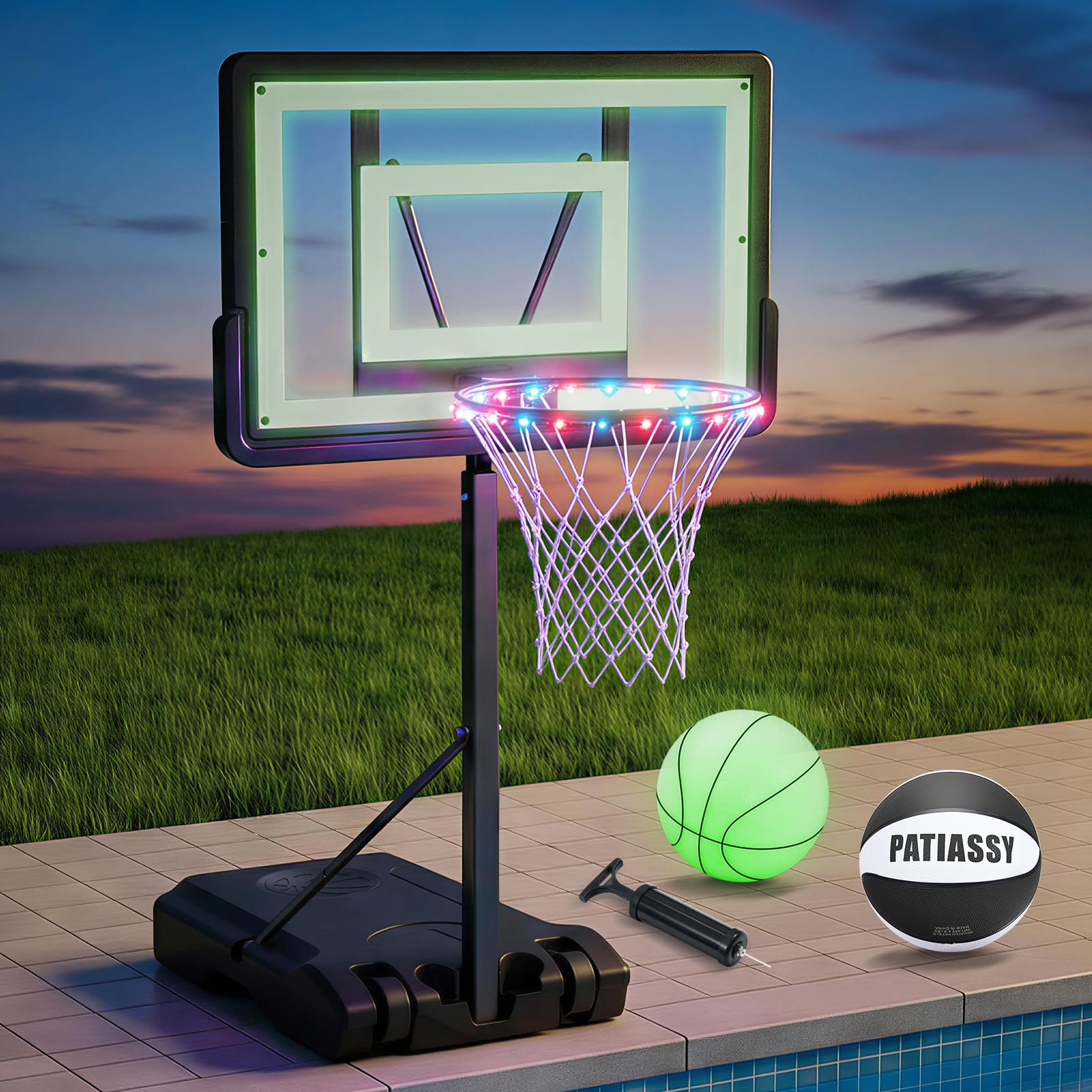 Patiassy Height Adjustable Pool Basketball Hoop with LED Rim