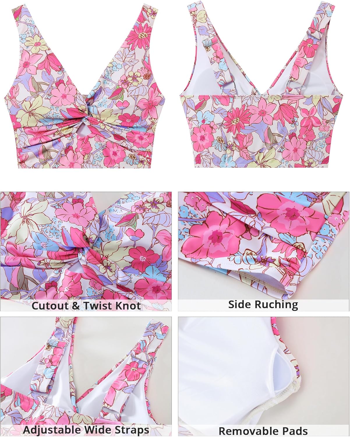 GRAPENT Bikini Tops for Women Cropped Tankini Tops Floral Printed Beach Padded Knot Twist Cut Out Bathing Suit Top Only - Image 5