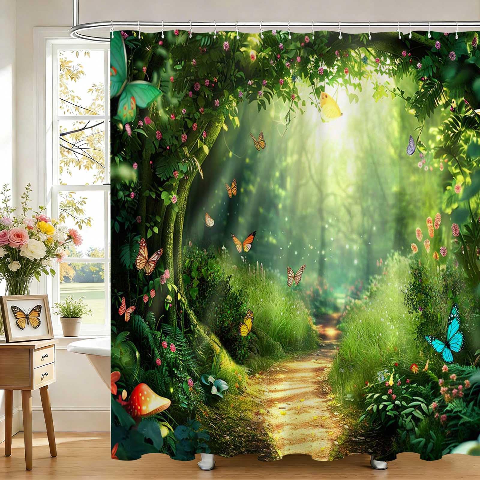 Avezano Enchanted Forest Shower Curtain Green Tree Nature Garden Scene Bathroom Shower Curtain Spring Forest Tree Waterproof Fabric Shower Curtains Bathtub Decor with 12 Hooks 72 X 72 Inches