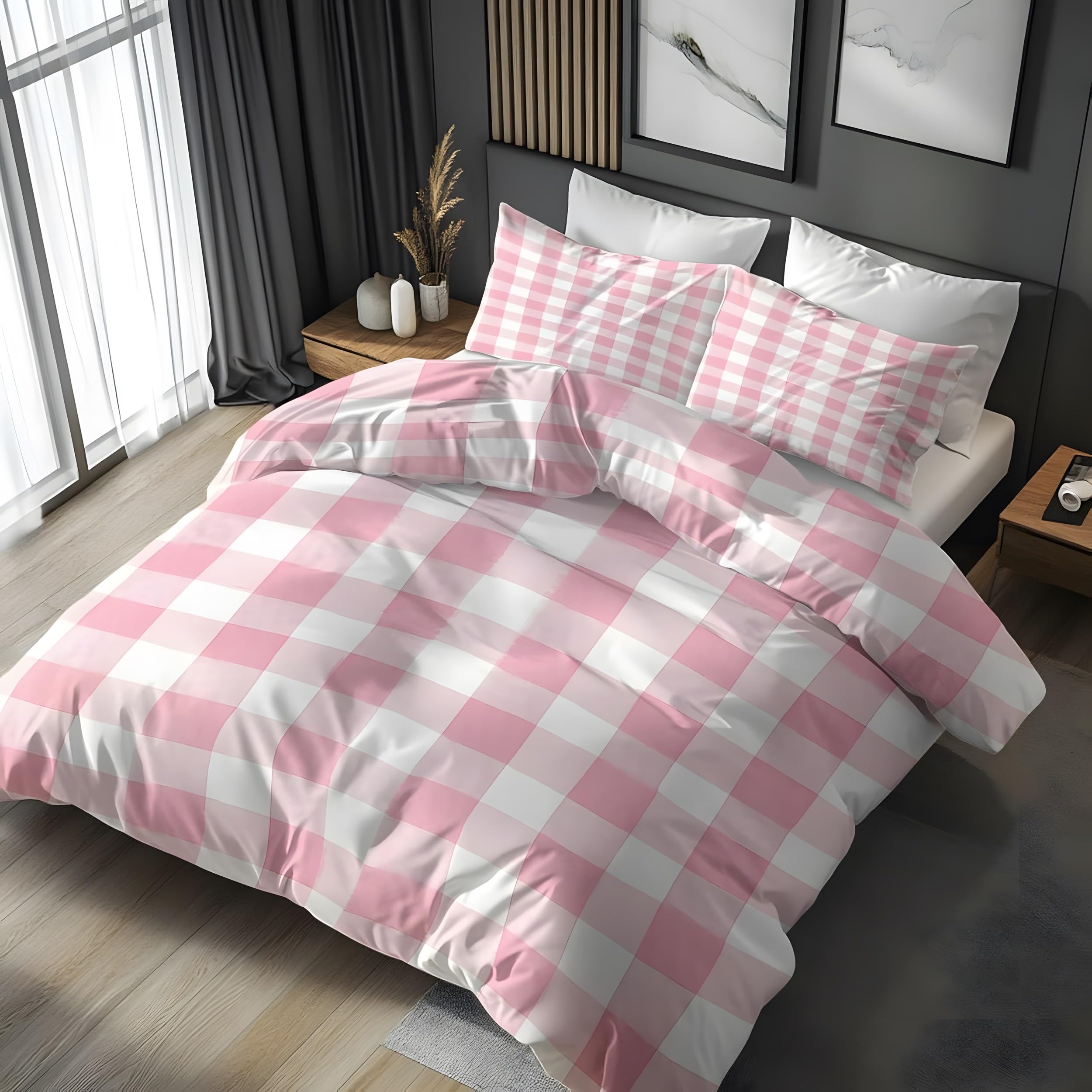 YZQGLHP Pink and White Plaid Super King Duvet Cover Girly Style Bedding Set Soft Cozy Microfibre Duvet Covers 260x220 with Zipper Closure and 2 Pillowcases 50x75cm