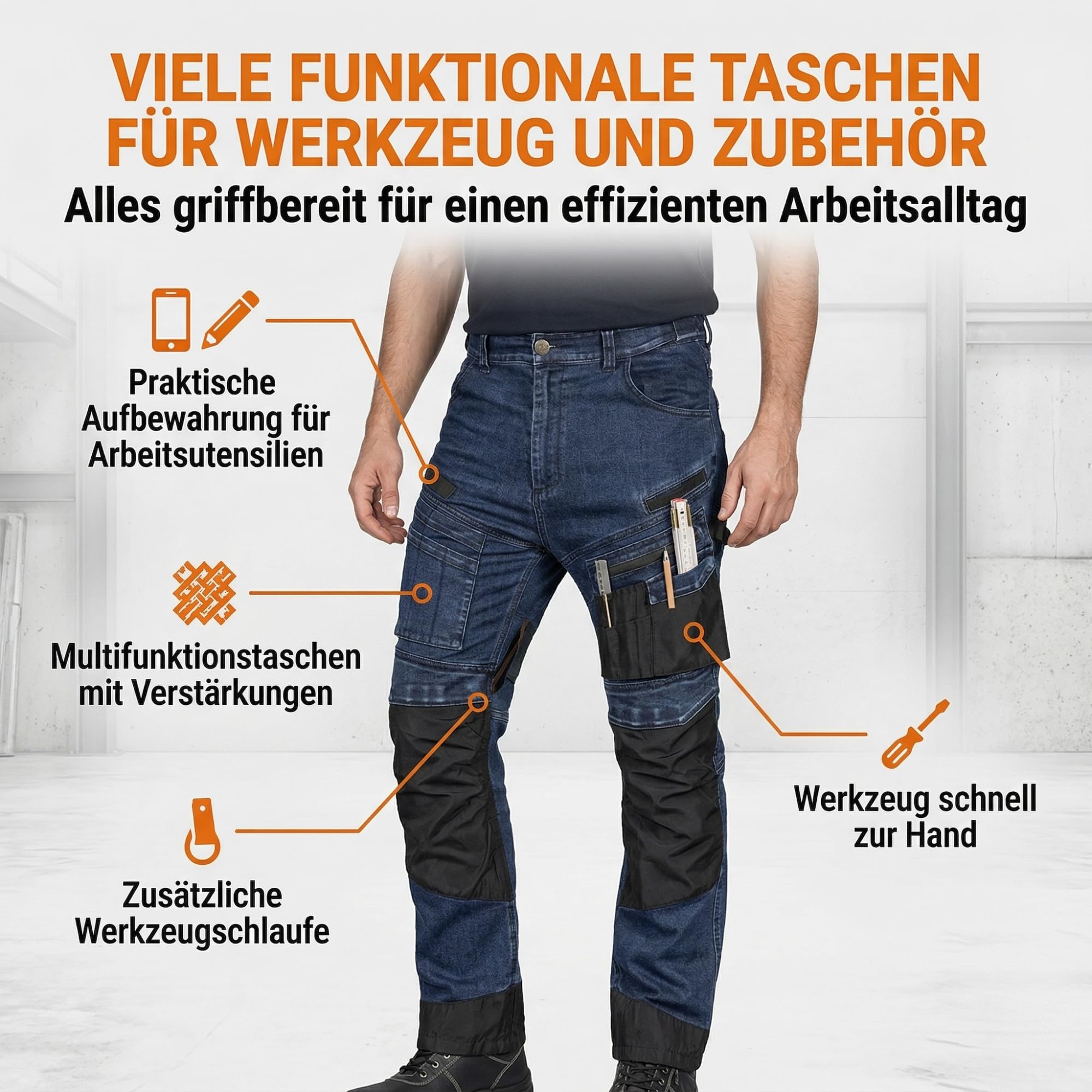 NEO TOOLS Robuste Jeans Arbeitshose, Strapazierfähige Bundhose für Herren | Aus Denim, 400 g/m² mit Kniepolstertaschen, Oxford-Verstärkungen & Stretch-Anteil
