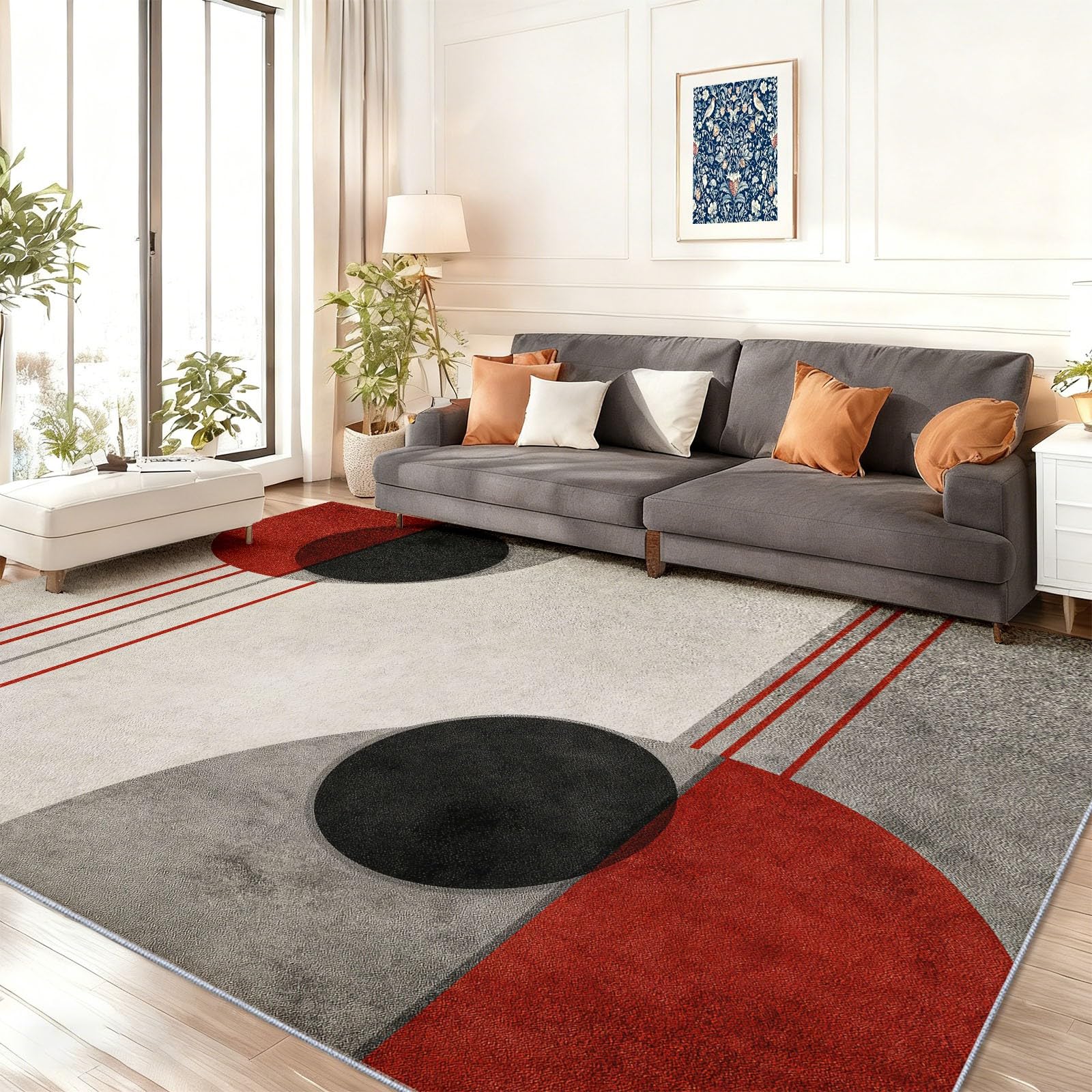 Gris Rouge Tapis pour Salon 120 x 170 cm, Lavables avec Dos Antidérapant, Tapis à Poils Courts Imprimé Abstrait Vintage Lignes Géométrique pour Cuisine Salle à Manger Bureau et Chambre