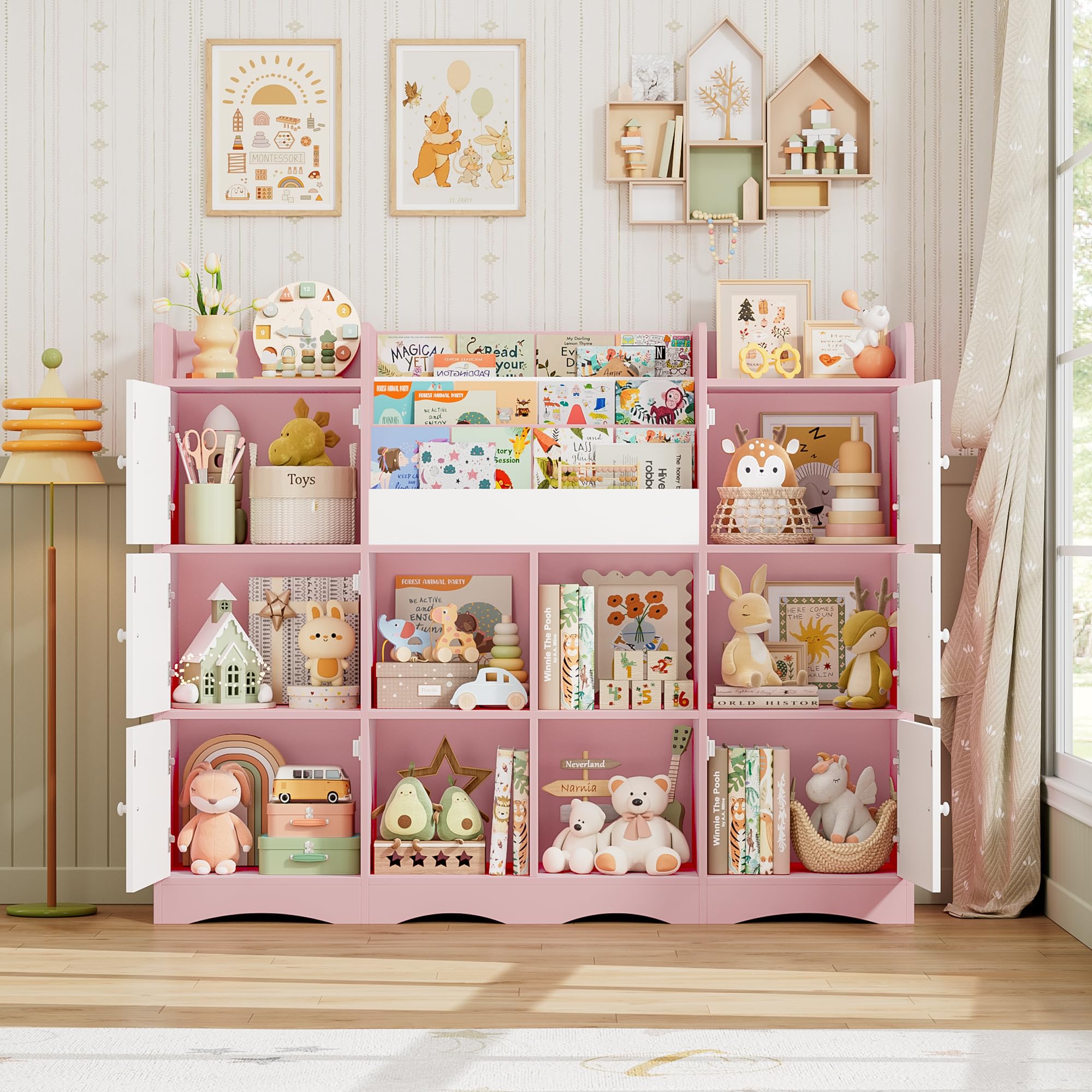 FOREHILL Organizer Giocattoli, Porta Giochi Bambini a 6 Scomparti con Ante, Mobile Porta Giochi a 4 Vani Portaoggetti Aperti, con Portariviste, per Cameretta e Sala Giochi, 140x30x106 cm (Rosa)