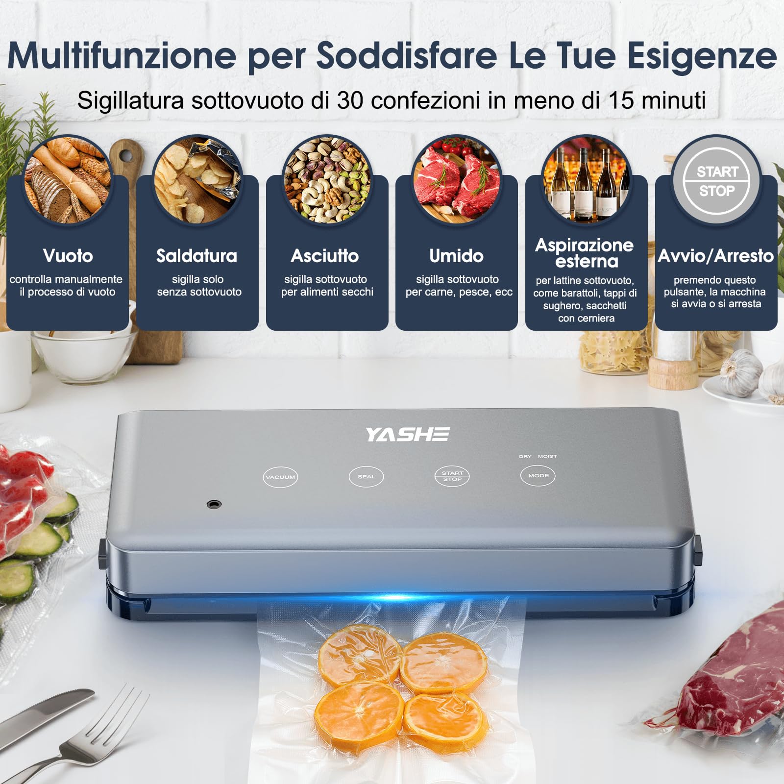 YASHE Macchina Sottovuoto Alimenti con Modalità Secco e Umido, Macchina Sottovuoto Multifunzione 5 in 1 Sigillatrice per Cottura Sous Vide e Conservare Carne, Pesce, Frutta e Verdura