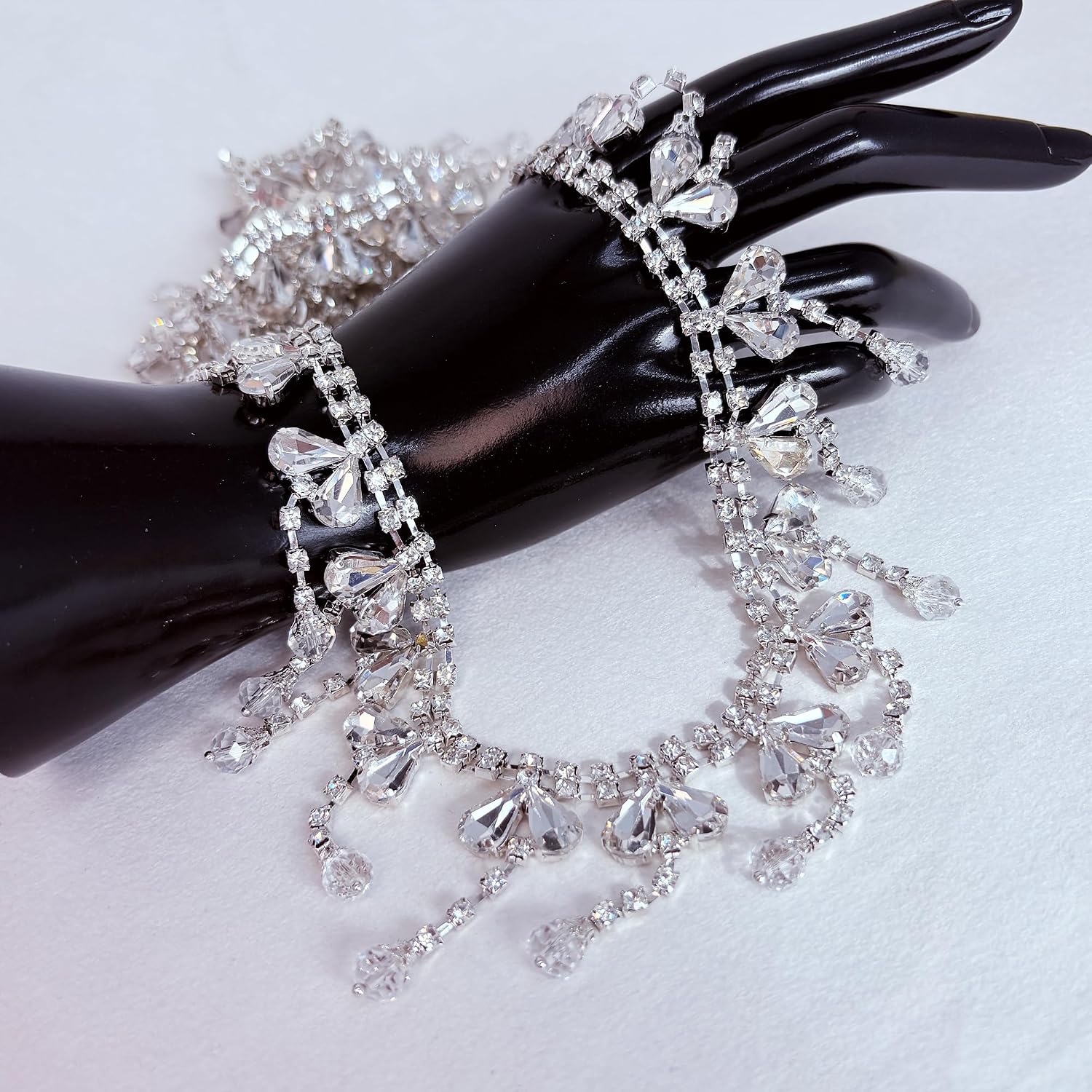 Silver White Rhinestone Fringe Trim 1 Yard, Crystal Fringe for Sewing, Wedding Dress, Bridal Embellishment, DIY Costume, Handbag Decor (Silver White)