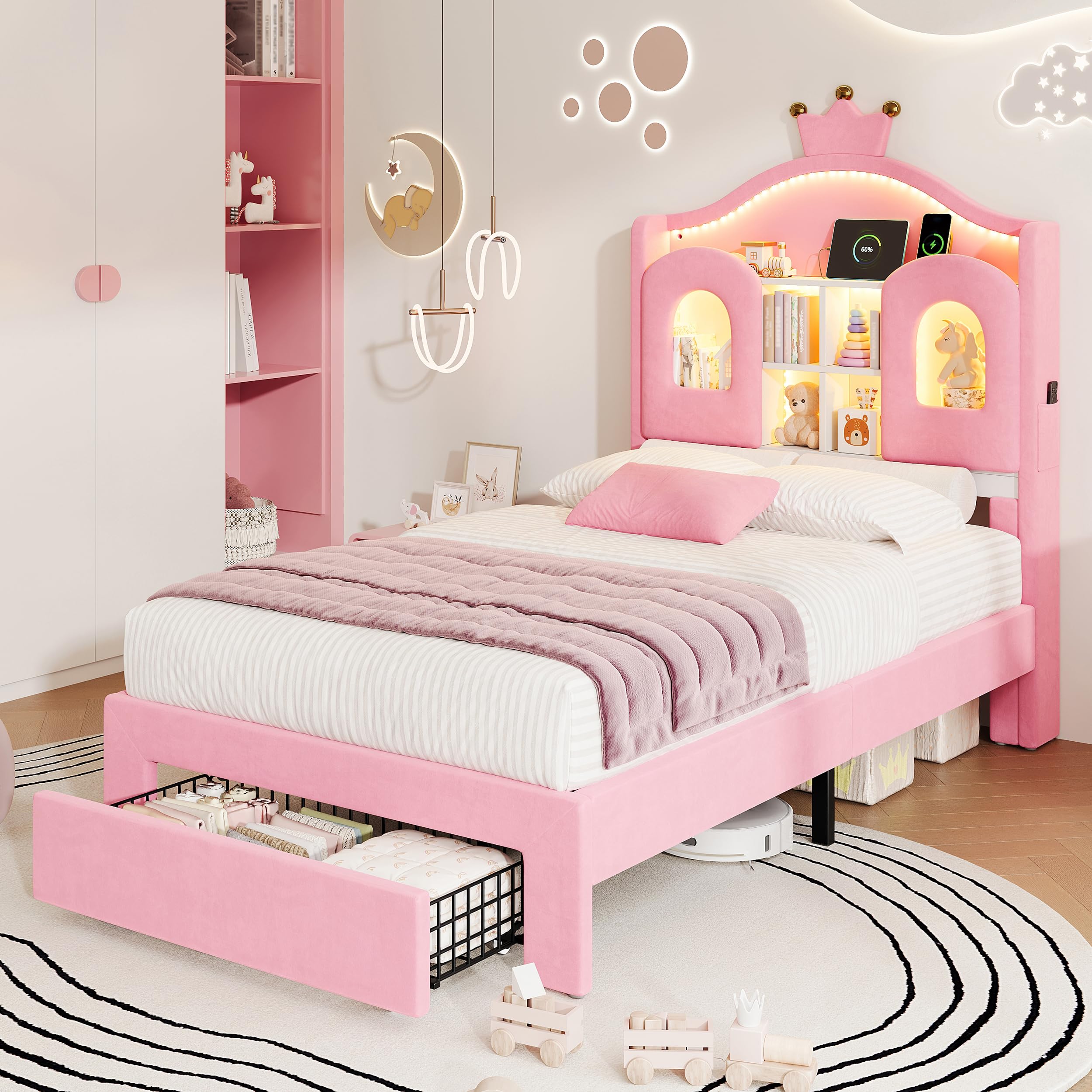 Merax 3ft Single Velvet Bed Frame with Storage Headboard, Pink — image 1