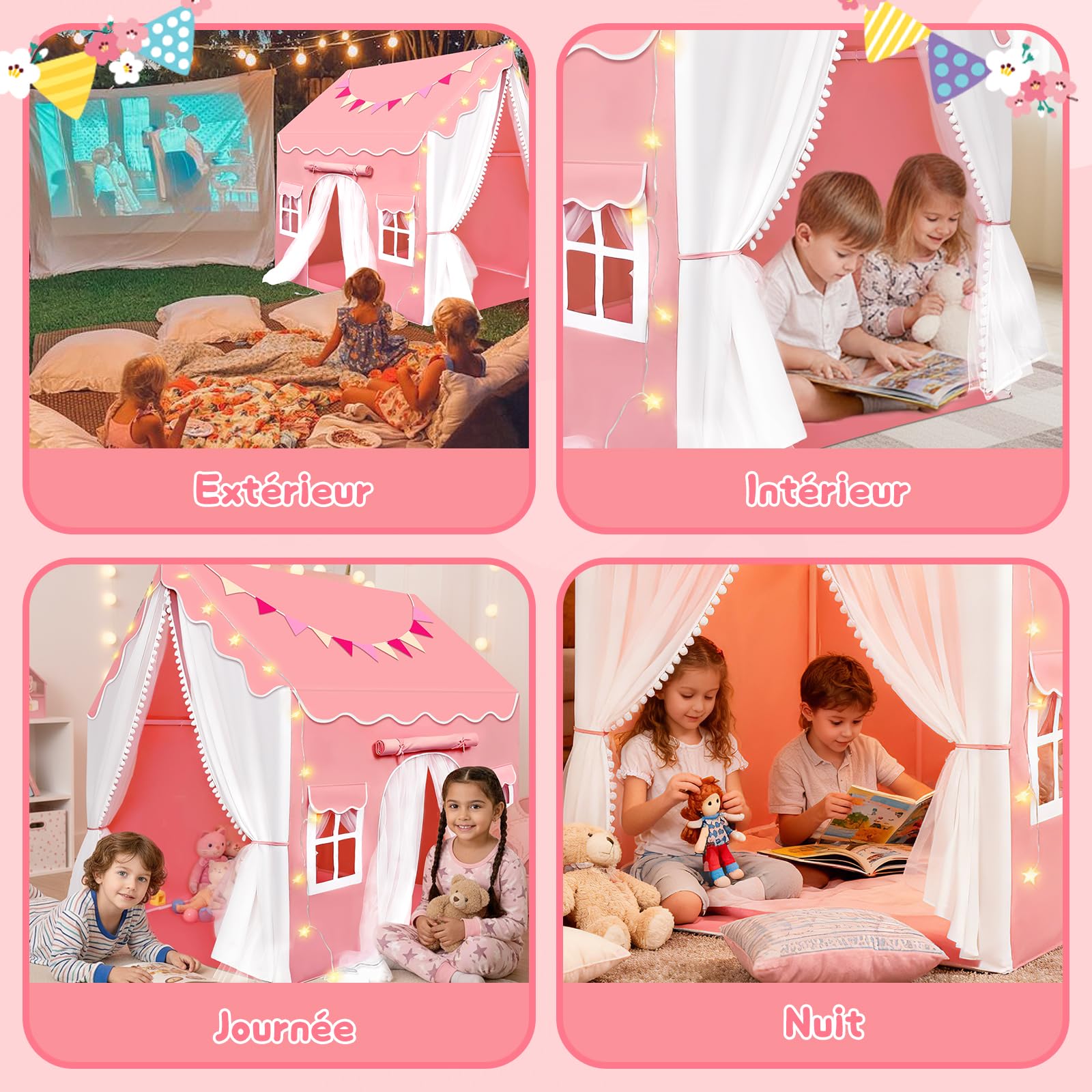 Herenear 2 en1 Tente Enfant Interieur, Cabane Enfant avec Lumières et Drapeaux, Tente de Lit Jeu, Idéal pour la Décoration de Chambre et Fête 120x100x127 CM (Rose)