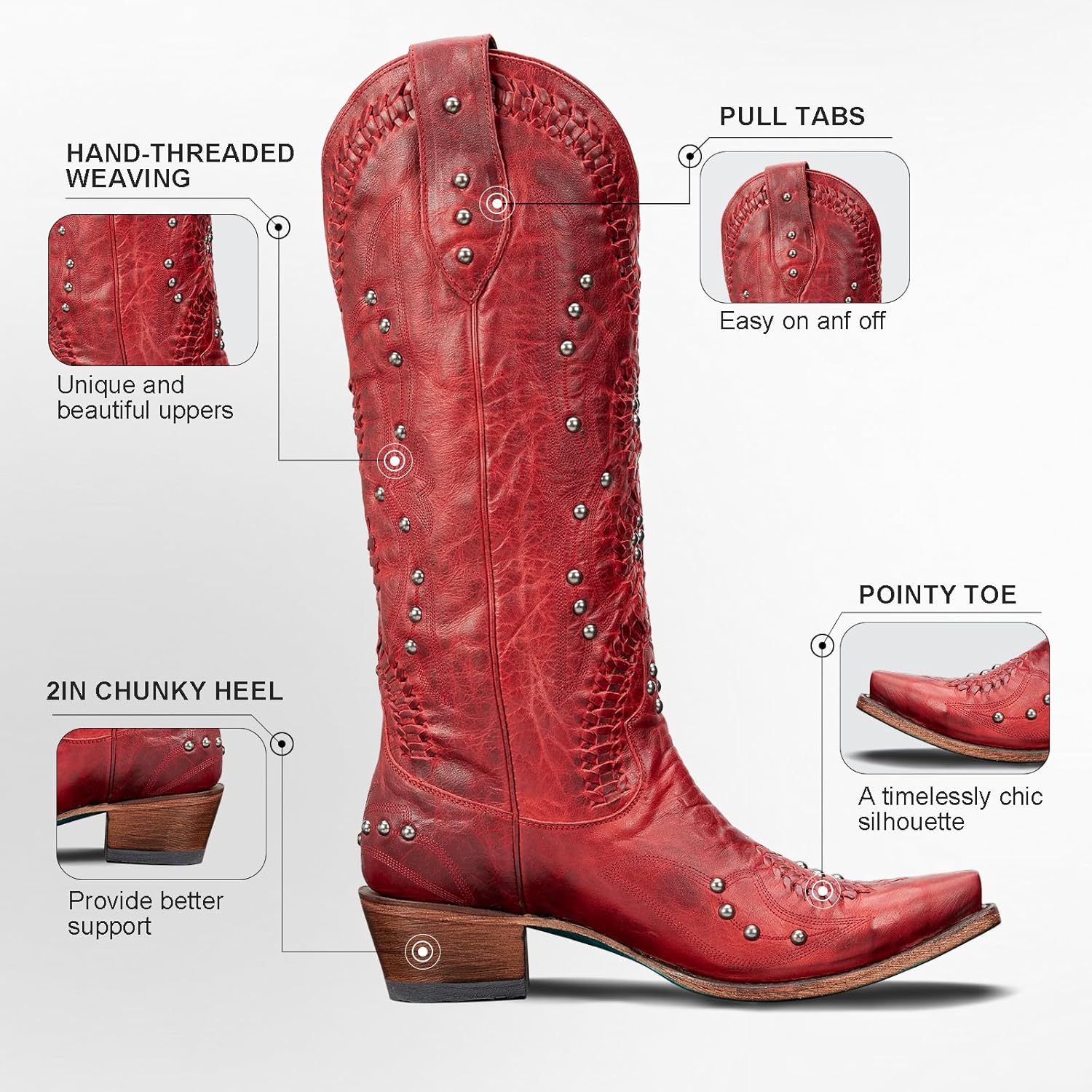 Cowboy Boots for Women- Knee High Western Cowgirl Boots Pointed Toe Chunky Heel Pull on Zipper Fashion Vintage Embroidered Country Shoes
