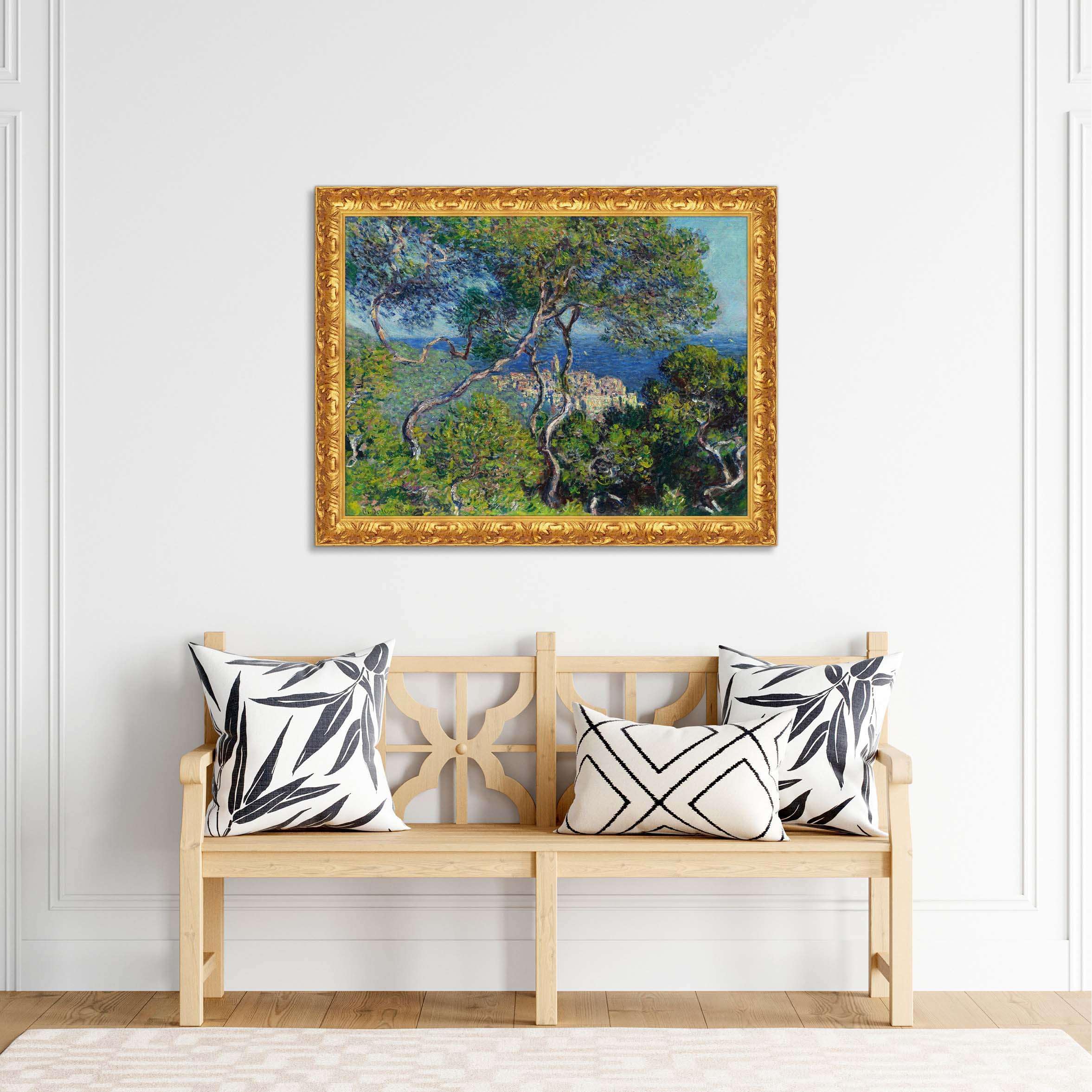 LuxHomeDecor Claude Monet – Vue de Bordighera – Tableau impression sur toile effet peinture avec cadre en bois doré baroque classique - 50x40 cm