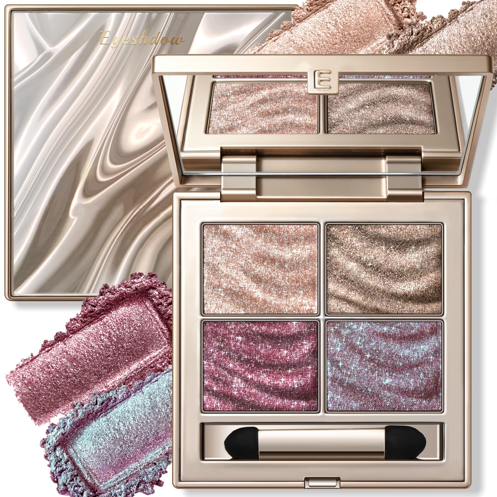 Noerrors Champagne Hazel Plum Mauve Blue Duochrome Metallic Shimmer Eyeshadow Quad, Diamond Satin Glow Sparkly High Glossy Effect, Pigmented Cream Mulichrome Glitter Eyeshadow Palette for Older Women #02