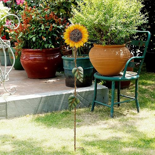 Miniatura 5 de Y&K Decor - Estaca de metal con diseño de girasol para jardín, estacas decorativas para jardín, decoración artística de girasol para exteriores