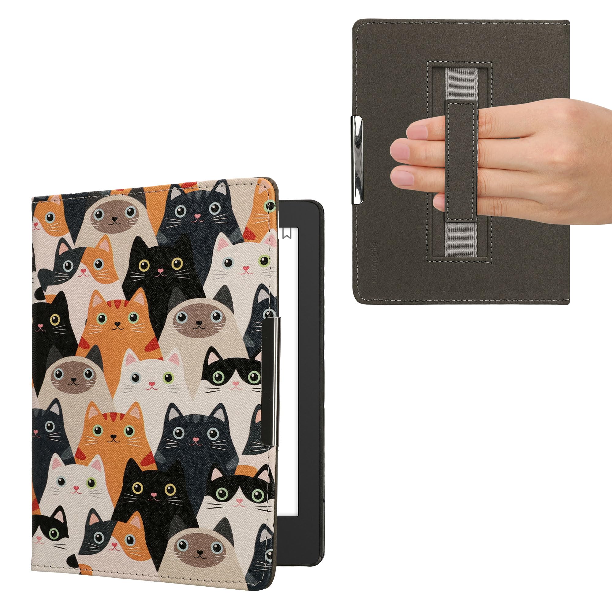 kwmobile Étui Compatible avec Kobo Aura H2O Edition 2 Coque - Étui à Rabat magnétique Tablette eReader Similicuir avec Sangle - Orange-Noir-Blanc