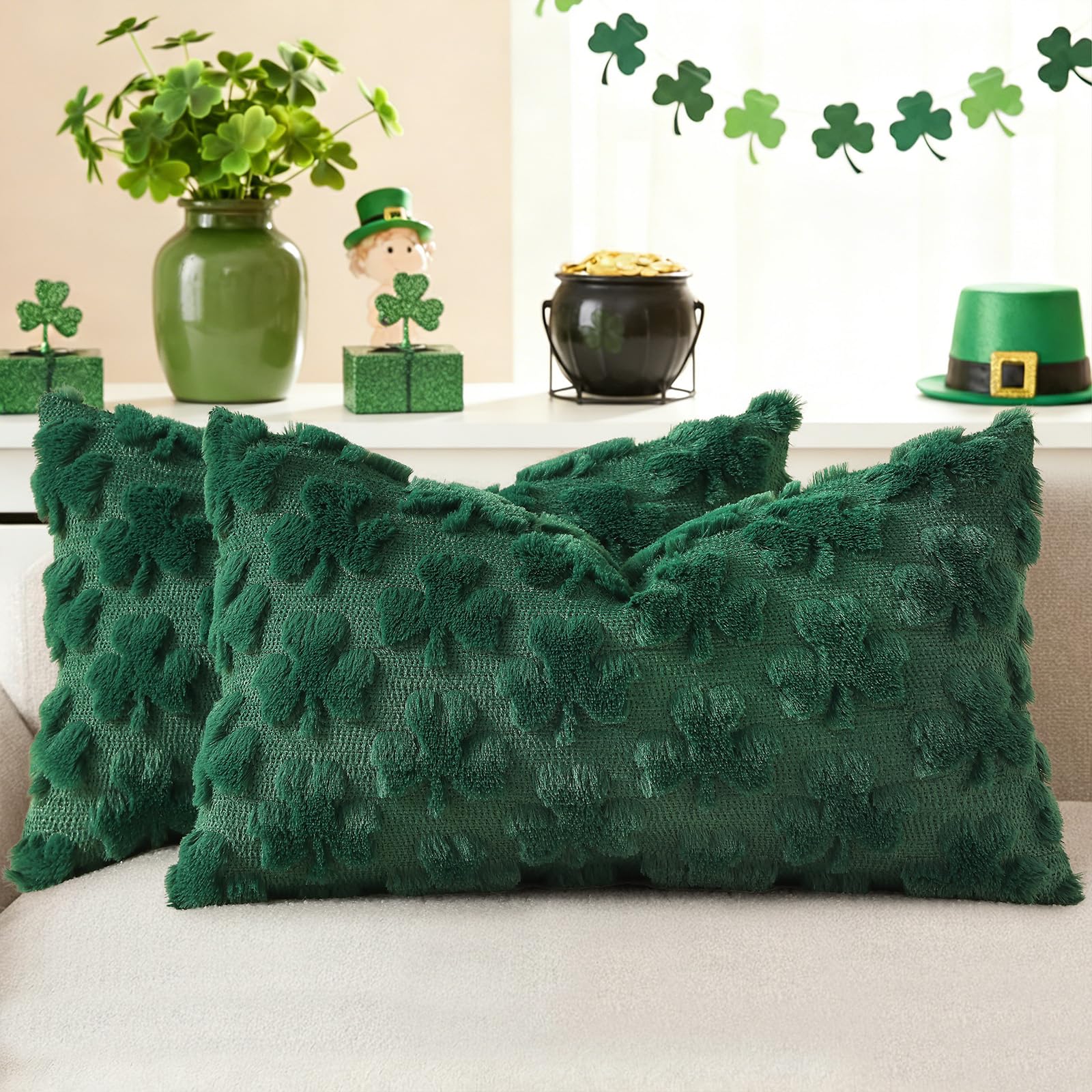 decorUhome Faux Fur Throw Shamrock Green Pillow Covers 12x20 Set of 2