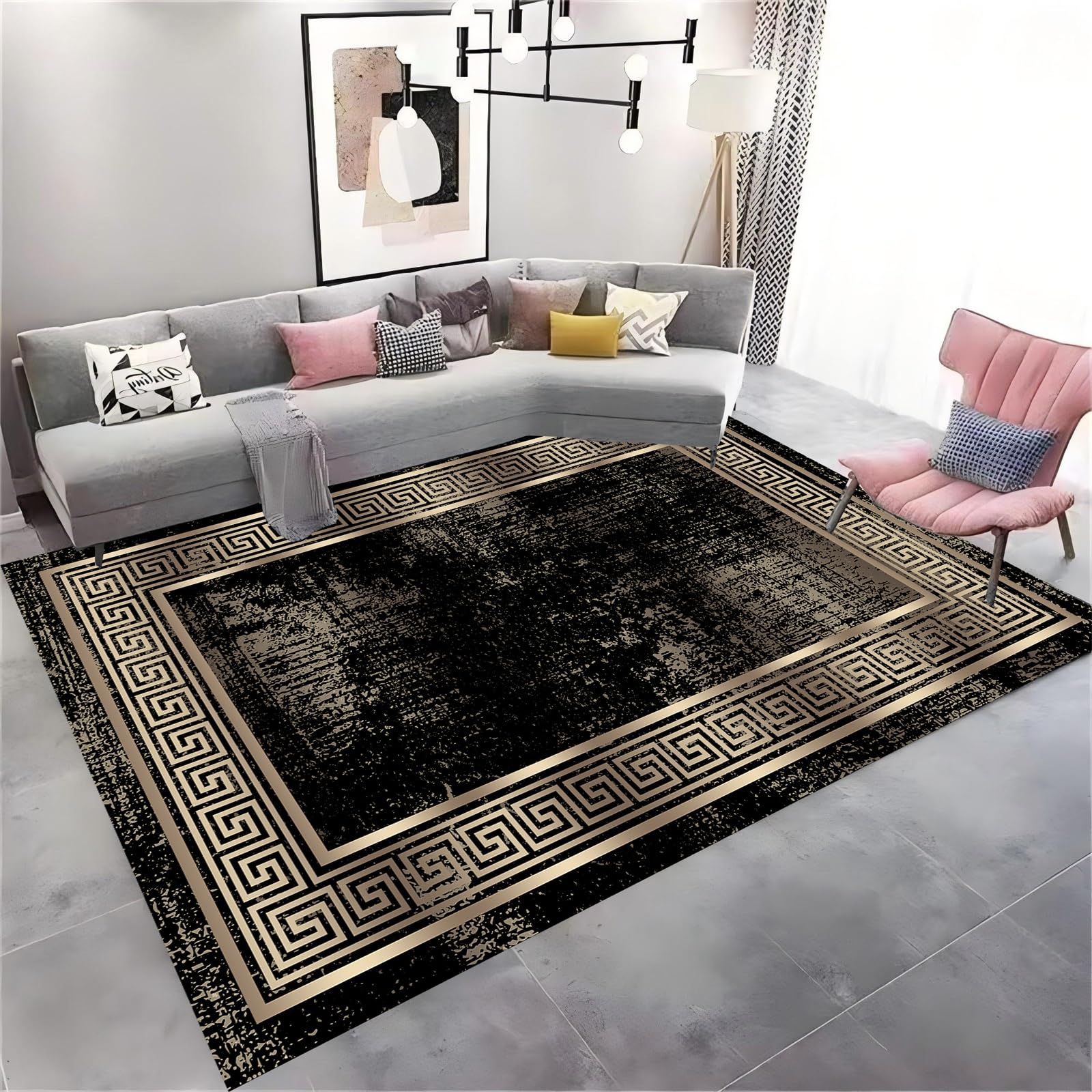 HONGXIU Greek Key Distress Black Gold Washable Rug – 180x300 Cm Retro Abstract Black Gold Small Mats Large Area Rugs Non-Slip Backing, Easy to Clean, Perfect for Living Room