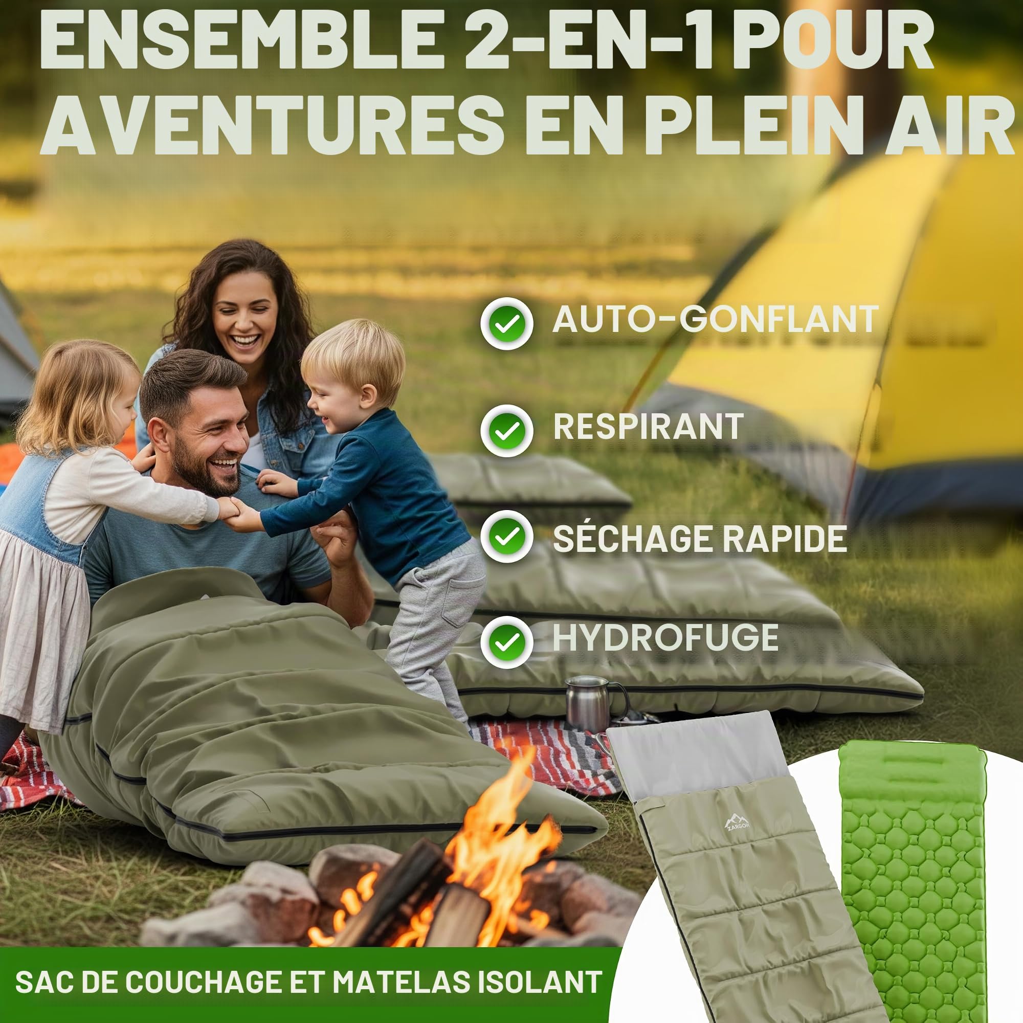 Sac de couchage 2 en 1 avec matelas isolant et pompe à pied - Ultra léger, imperméable, compact - Confort jusqu'à -5 °C - Camping, trekking, festival - 190 × 80 cm