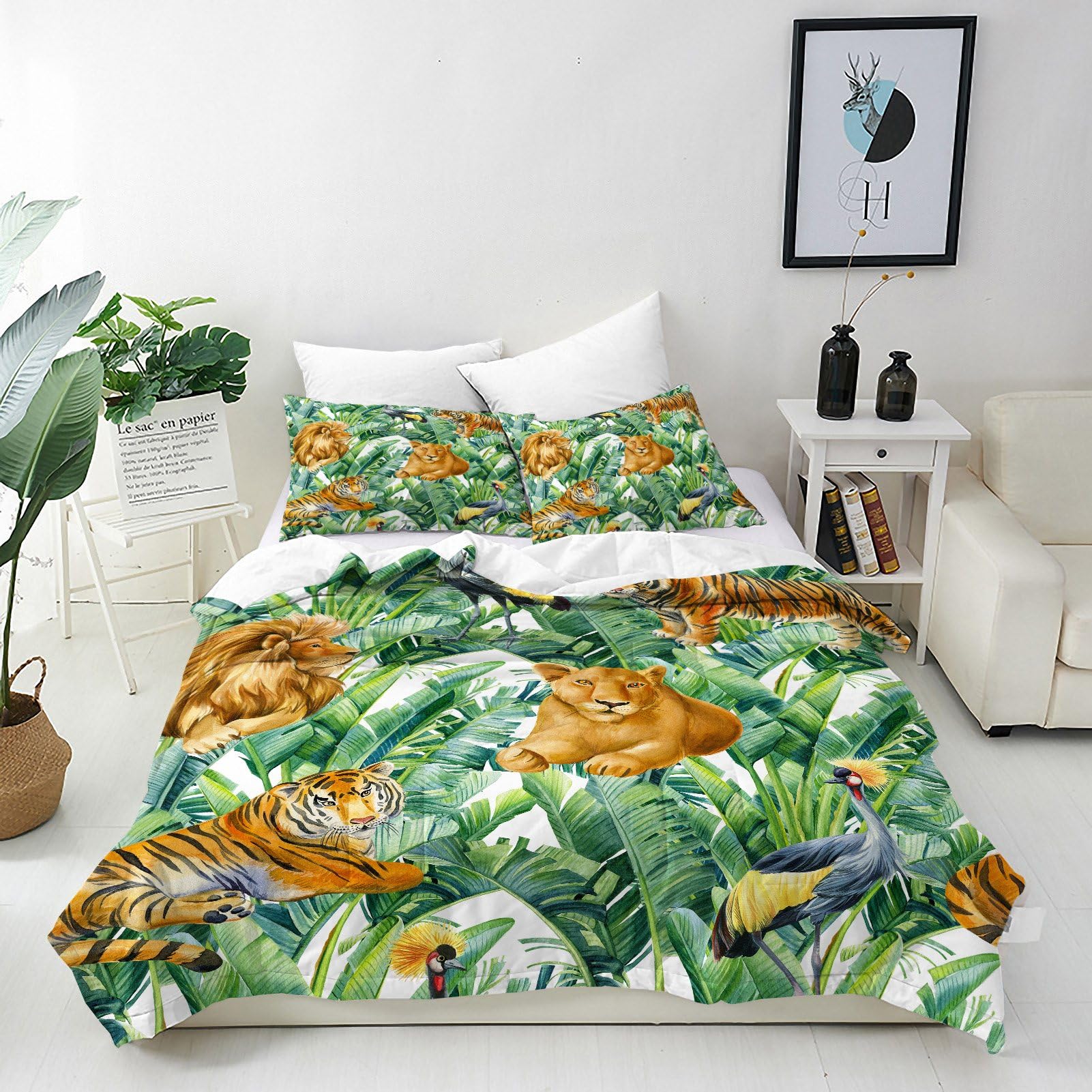 ANHOPE Wildlife Animal Duvet Cover Set 3 Piece Bedding Set with 2 Pillowcases Tropical Tiger Lion Crane 3D Printed Pattern Soft Breathable Microfibre Quilt Cover with Zipper Closure Single
