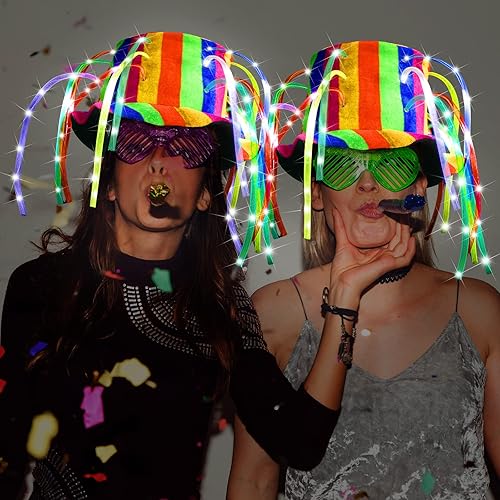 Miniatura 5 de Wesiti 6 piezas LED divertido payaso loco sombrero iluminado bufón que brilla en la oscuridad, sombrero loco Mardi Gras pelo de fideos para adultos