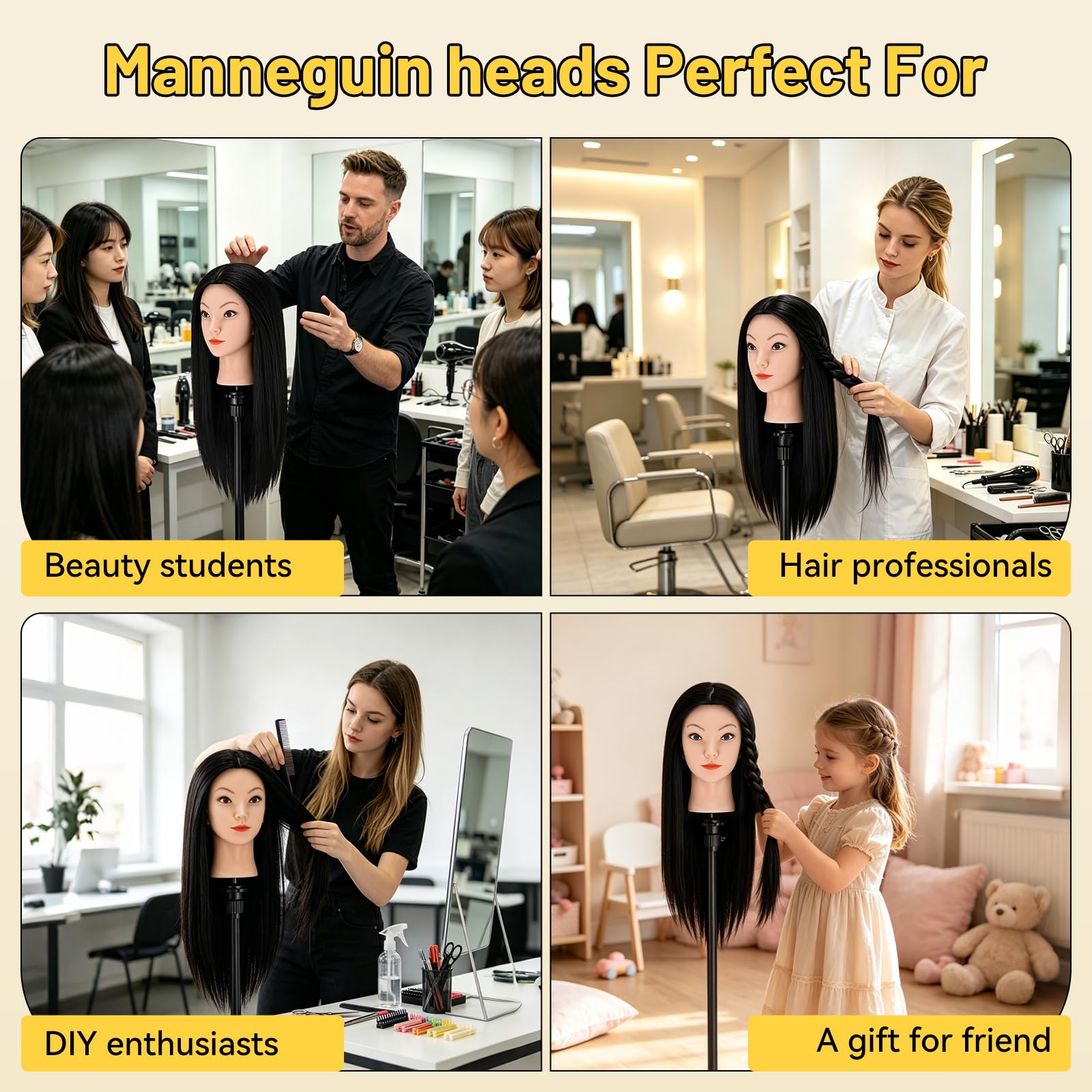 Yofuly Friseur-Trainingskopf, 45,7 cm, 100 % Echthaar, Manikin-Kosmetologie-Puppenkopf zum Flechten & Haarstyling, Übungskopf mit Tischklemme + DIY Zopf-Set (schwarz)