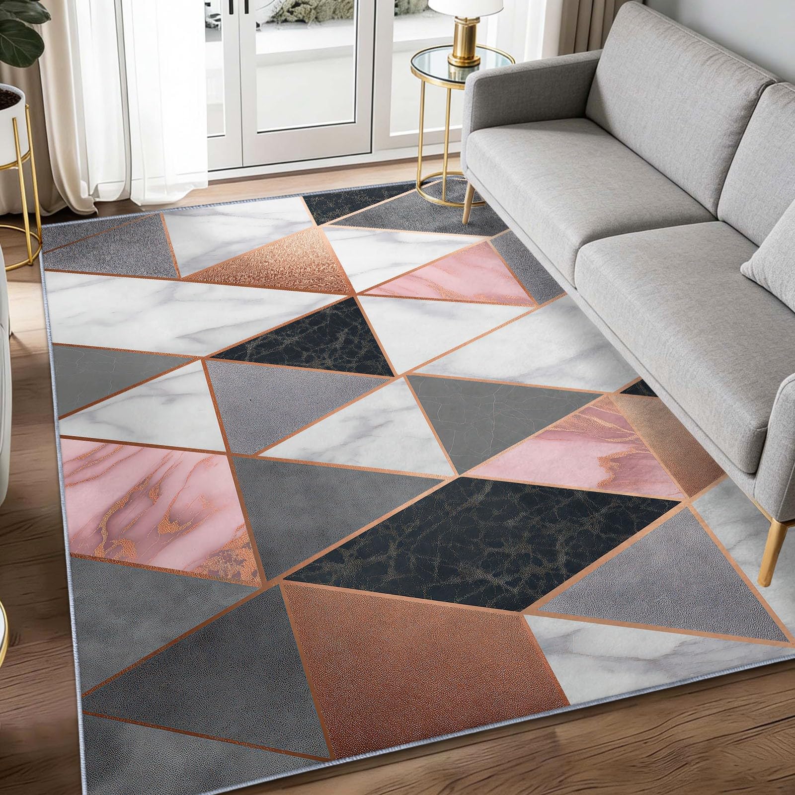 Teppich Wohnzimmer Geometrisches Dreieck aus Marmor 60x120cm Waschbare Kurzflor Teppiche Großer rutschfest Carpet, für Schlafzimmer, Büro, Kinderzimmer Druck Teppich