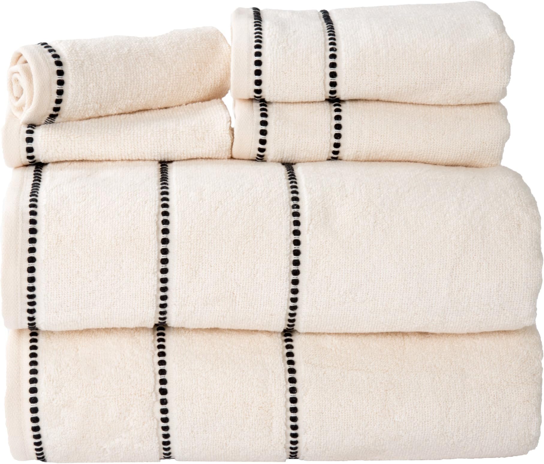 Lavish Home Luxury Cotton Towel Set- Quick Dry, Zero Twist and Soft 6 Piece Set With 2 Bath Towels, 2 Hand Towels and 2 Washcloths (Bone/Black