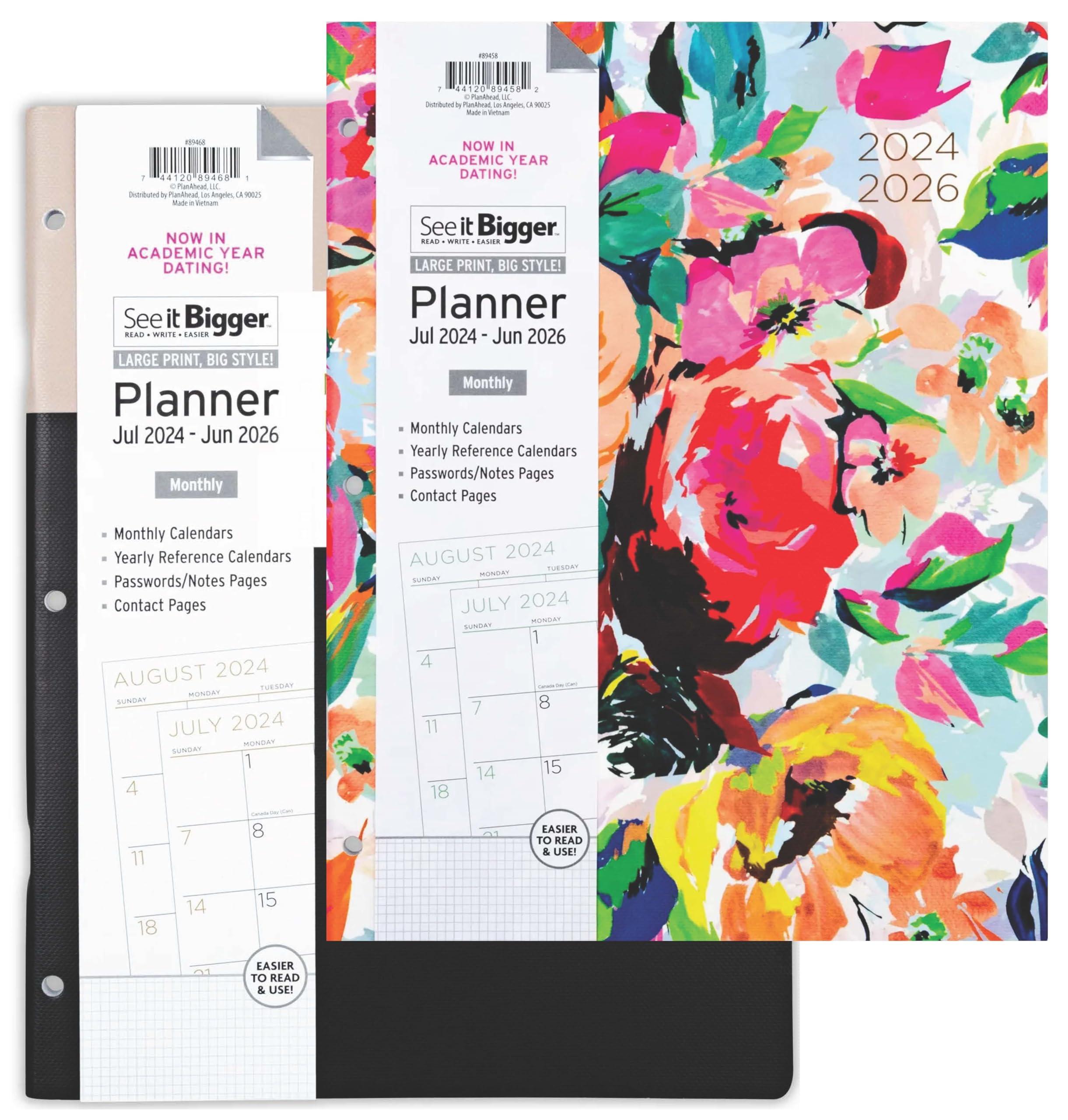 PlanAhead July 2024 - June 2026 Monthly Planner - 11"x8" 2 Year Academic Planner Notebook with Large Print - 3-Hole Punched Calendar Agenda for Student & Teacher - No Color Selection Available, Chosen Randomly
