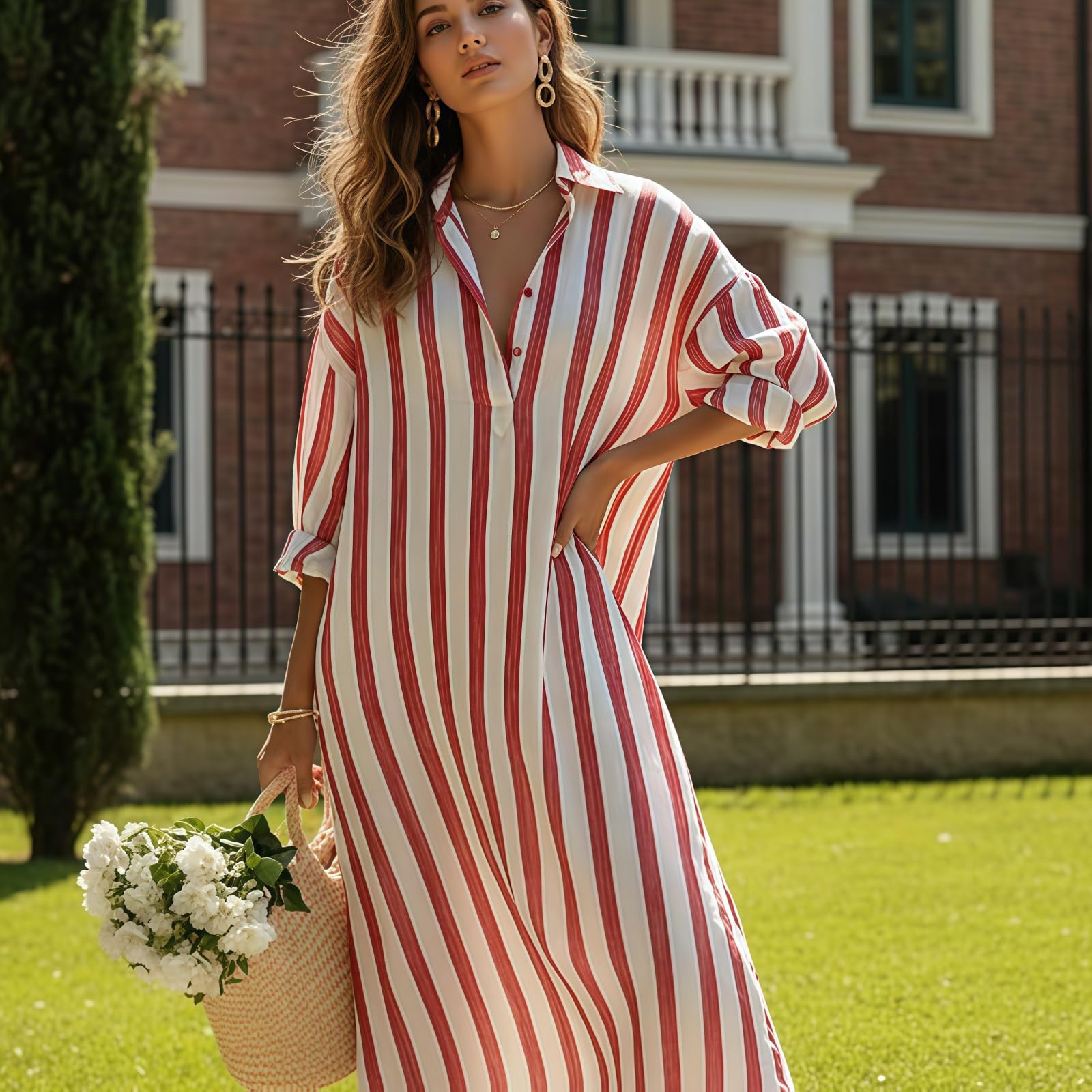 Vestido Camisero Maxi a Rayas para Mujer | Verano | Manga Larga | Corte Holgado y Oversize | Cuello en V | Estilo Casual y Fluido | Abotonado | Kaftán