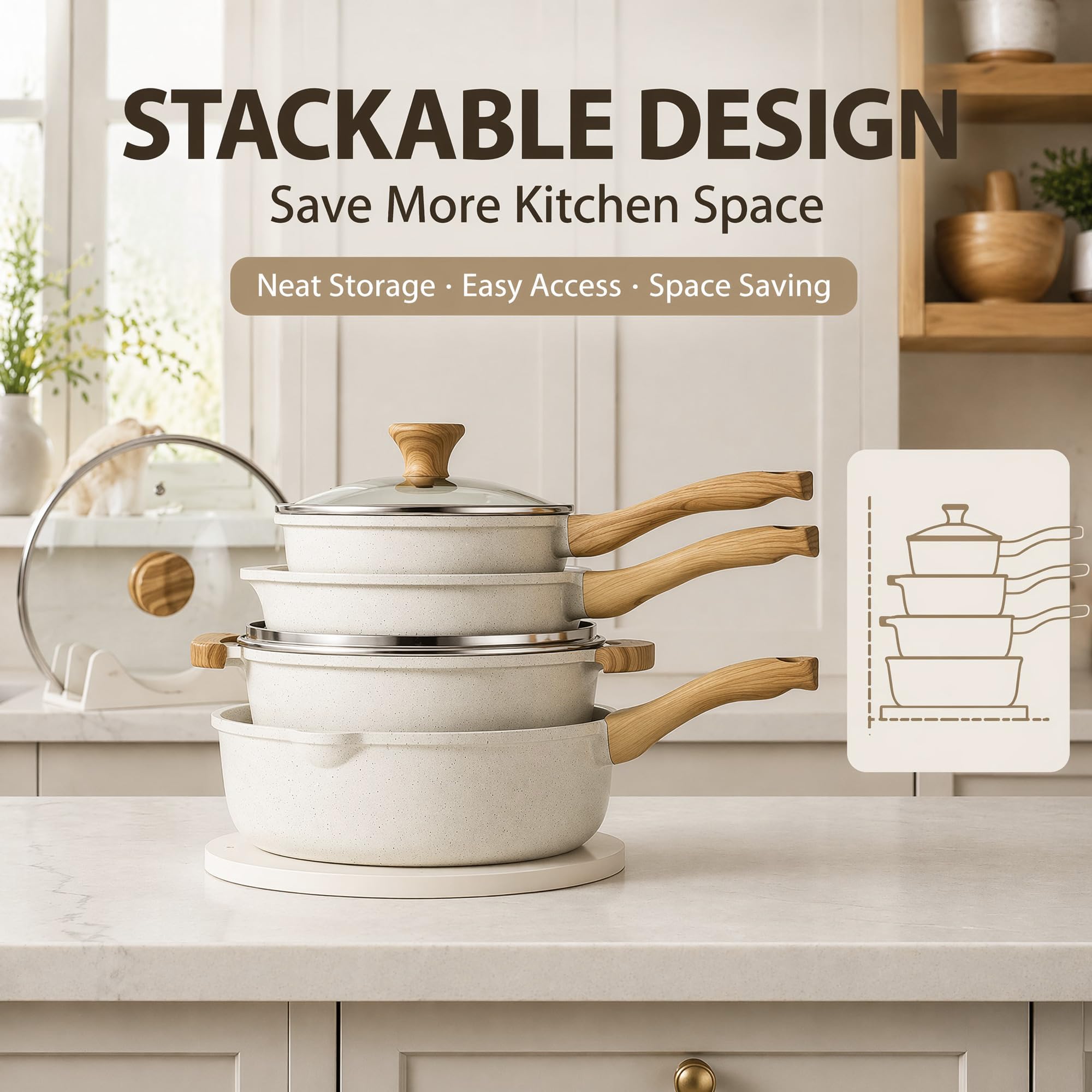 SENSARTE Set di pentole in ceramica antiaderente, set da 13 pezzi di pentole e padelle atossiche, set da cucina salutare con manici che rimangono freschi, strumenti in silicone e protezioni per
