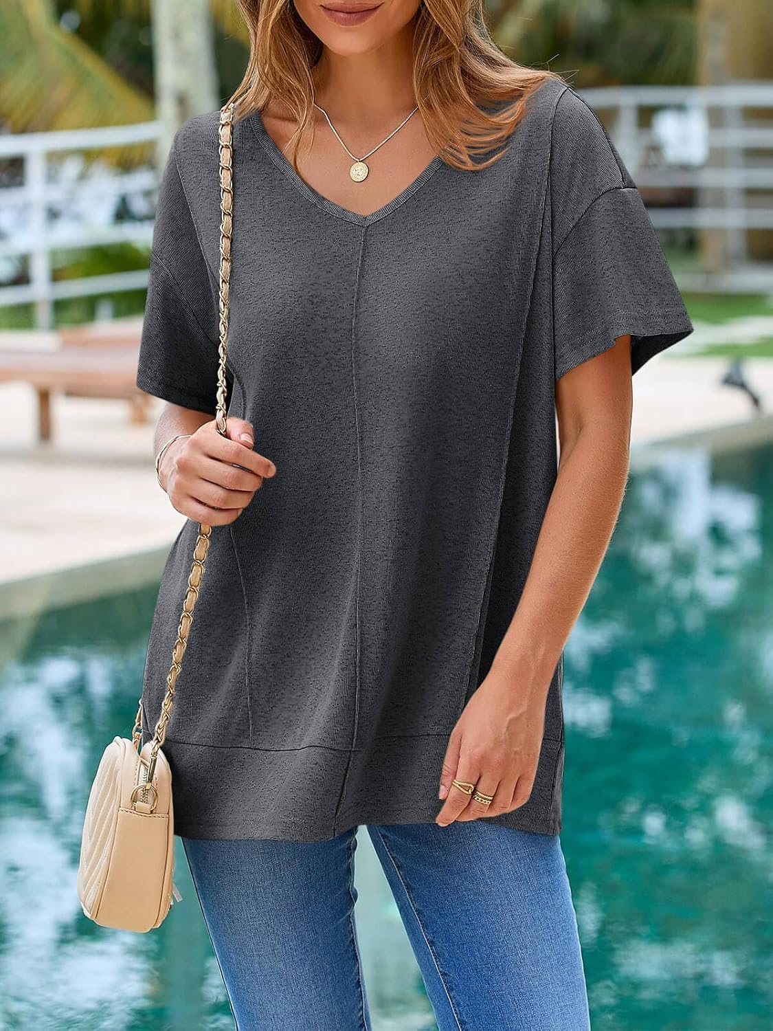 Tankaneo Womens Oversized Tshirts Knit V Neck Short Sleeve Tunic Tops Summer Casual Loose Fit Tee Shirts - Image 5