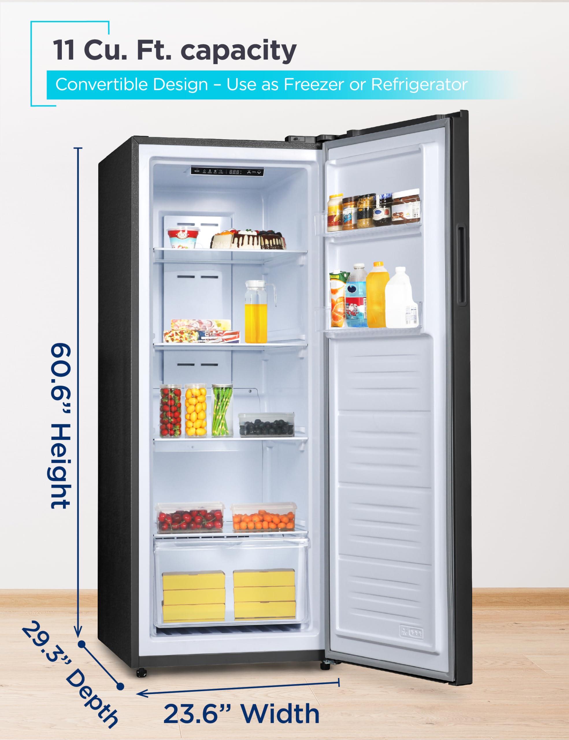 Black+Decker 11 Cu. Ft. Convertible Freezer Refrigerator, Upright Freezer With Glass Shelves, Reversible Door, Energy Star Rated, Frost Free, Buc1100xb, Black on Fridge.com - View 2