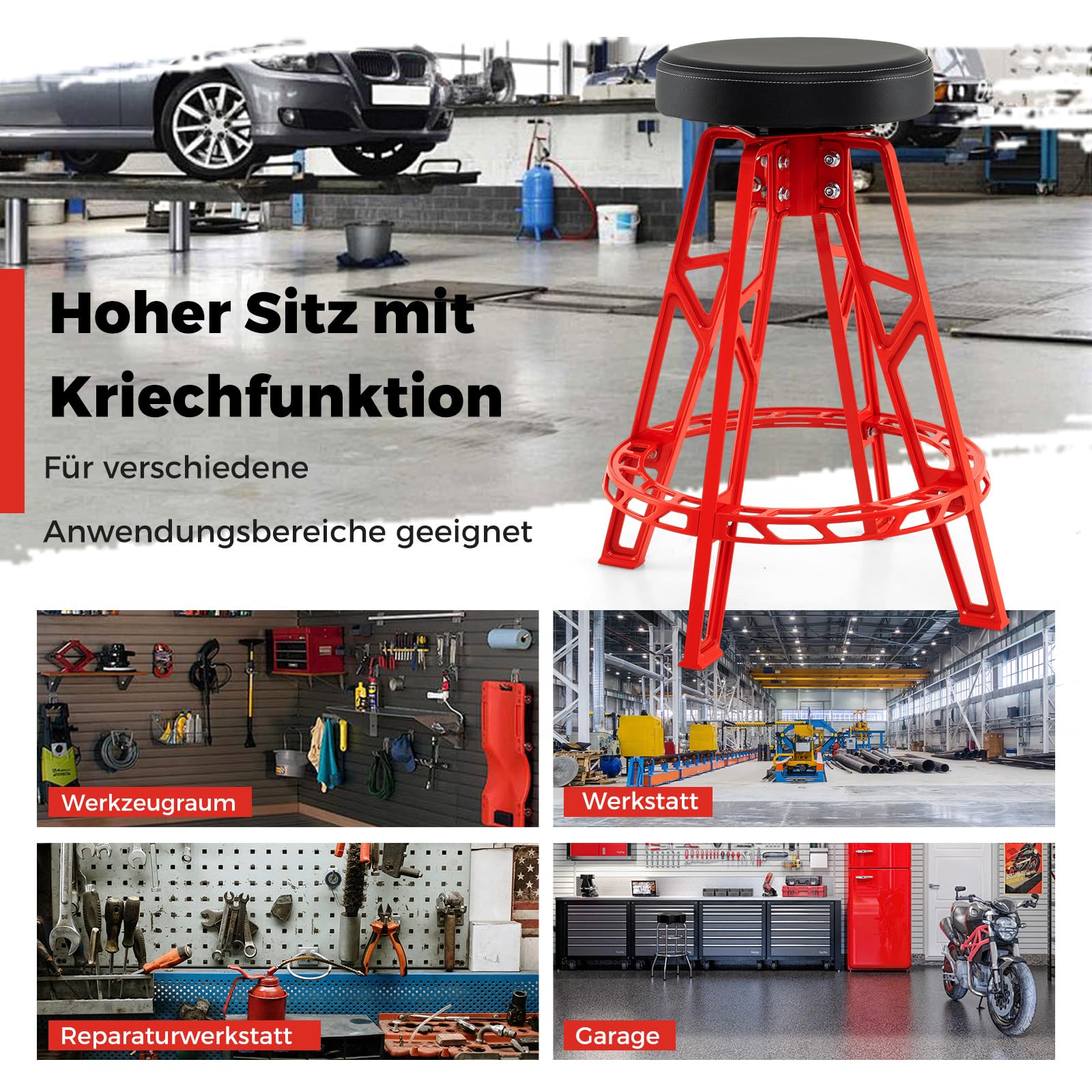 COSTWAY Werkstatthocker Hoch, Werkstattstuhl mit 360° drehbarem Sitz & Fußstütze, Werkstatt Hocker gepolstert aus Aluminiumlegierung bis 181 kg belastbar, Mechanikerhocker Werkstattsitz für Garage