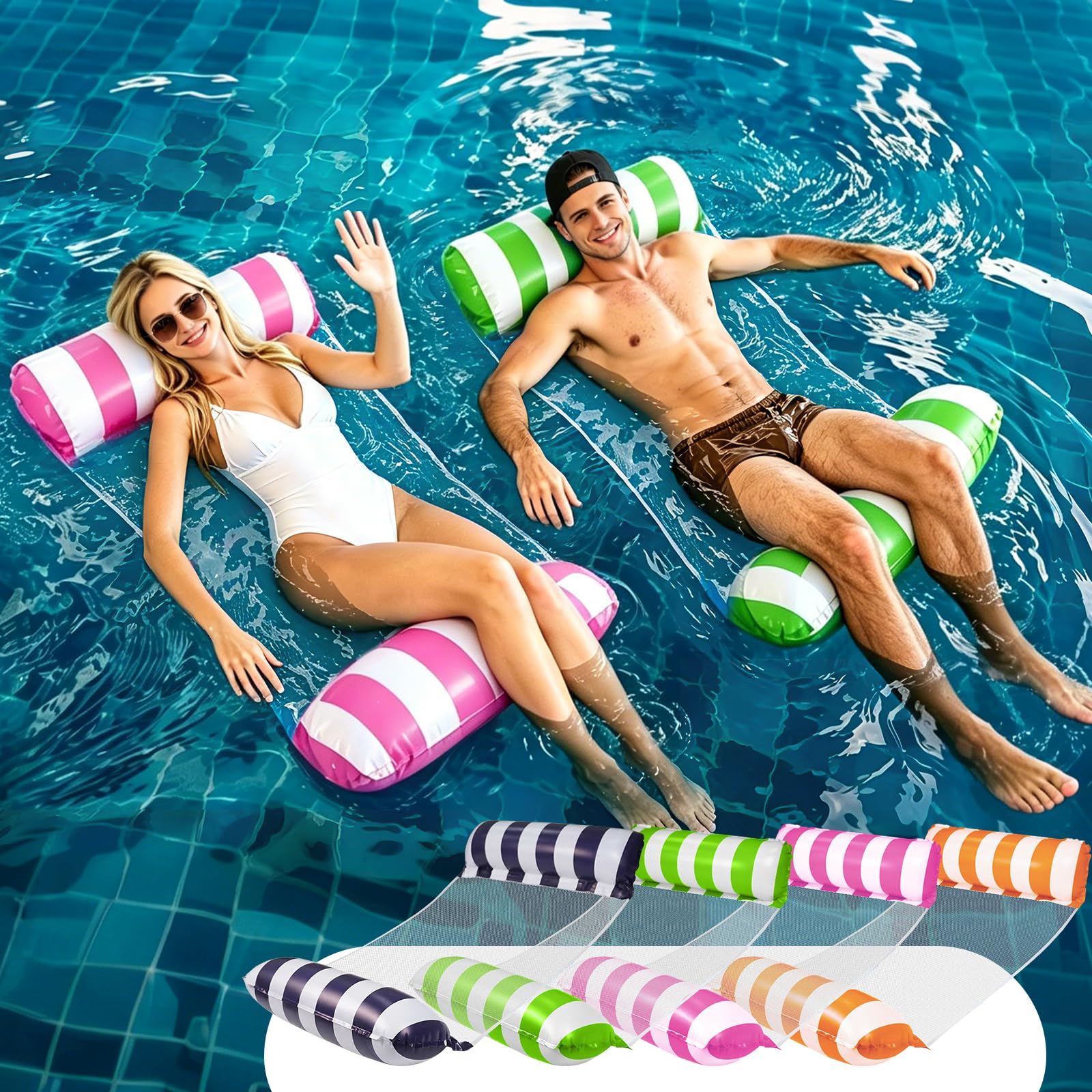 Juego de 4 hamacas de agua para piscina, 4 en 1, colchón inflable de aire para piscina con red, tumbona de agua plegable para adultos y niños, accesorios de piscina para verano, lago playa, capacidad