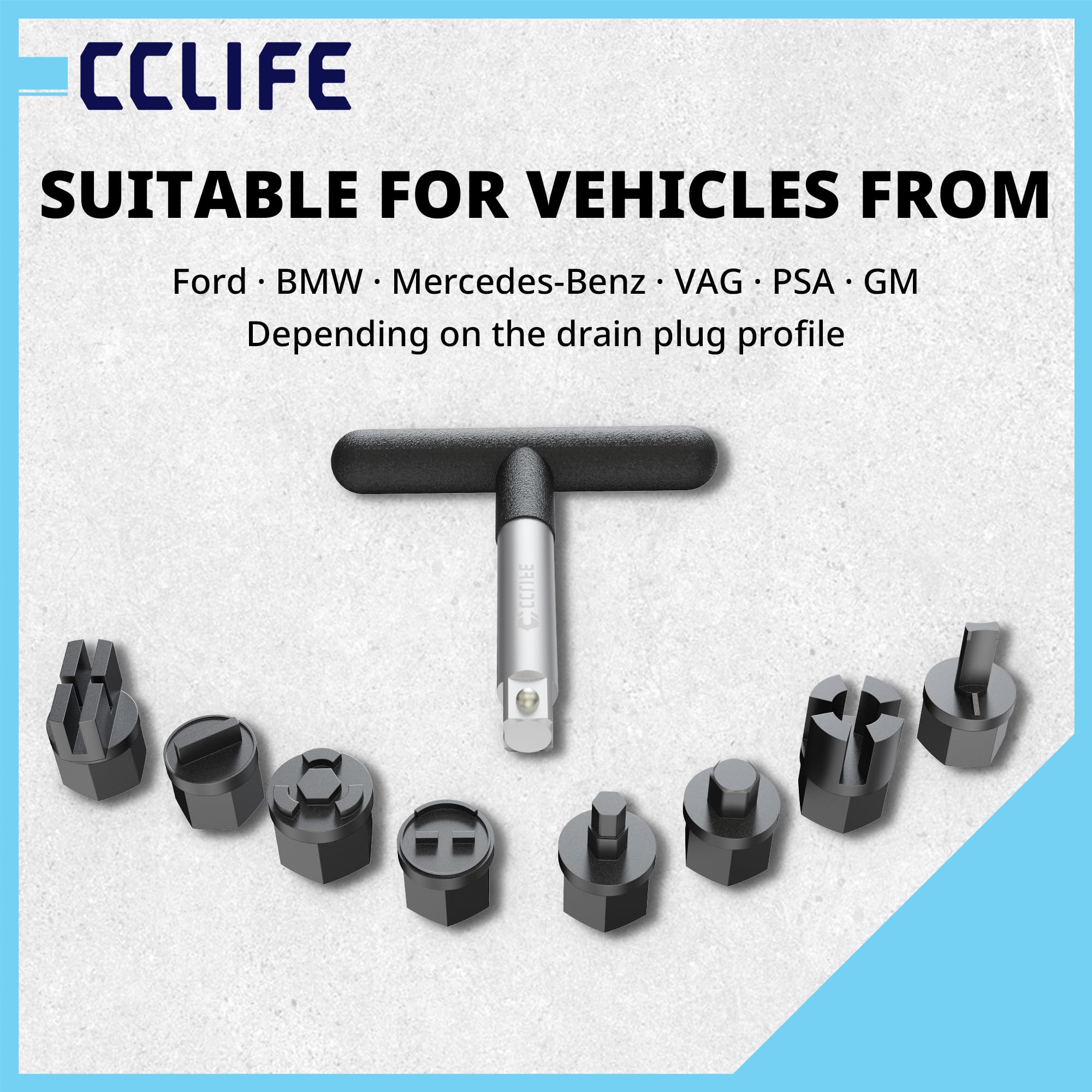 CCLIFE Zestaw śrub spustowych oleju, narzędzie do wymiany oleju, 3/8 cala, uchwyt T z 8 adapterami do śrub spustowych oleju z tworzywa sztucznego, pasuje do VW Audi, BMW, Mercedes, Forda, PSA, GM