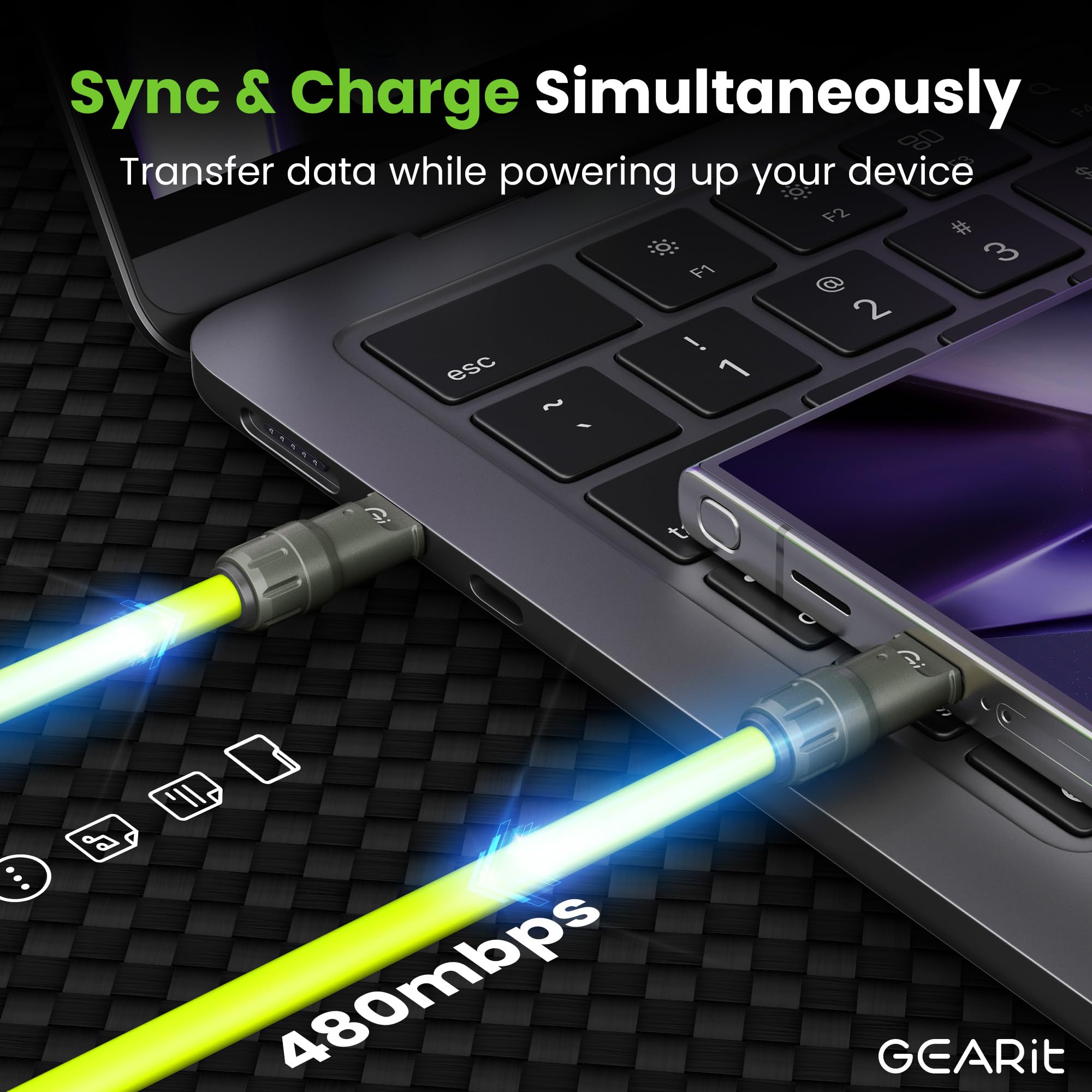 GEARit Câble de charge 4 en 1 100 W en silicone USB-C à charge rapide avec connecteurs USB-A et Lightning - Cordon de charge universel multi-appareils compatible avec iPhone, MacBook Pro, 1,8 m, vert