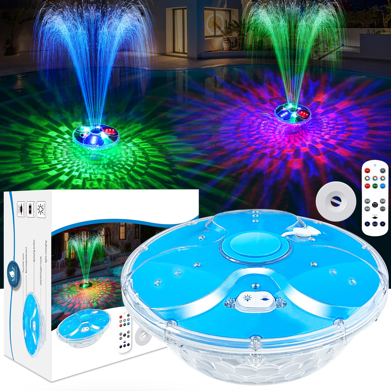 DeeprBling Schwimmender Springbrunnen Pool mit Lichtshow, Wasserfontäne Pool mit Anker, 2 Sprühmodi & 7 Lichtmodi mit Fernbedienung & Knöpfen, Pools Fontäne Springbrunnen Schwimmend
