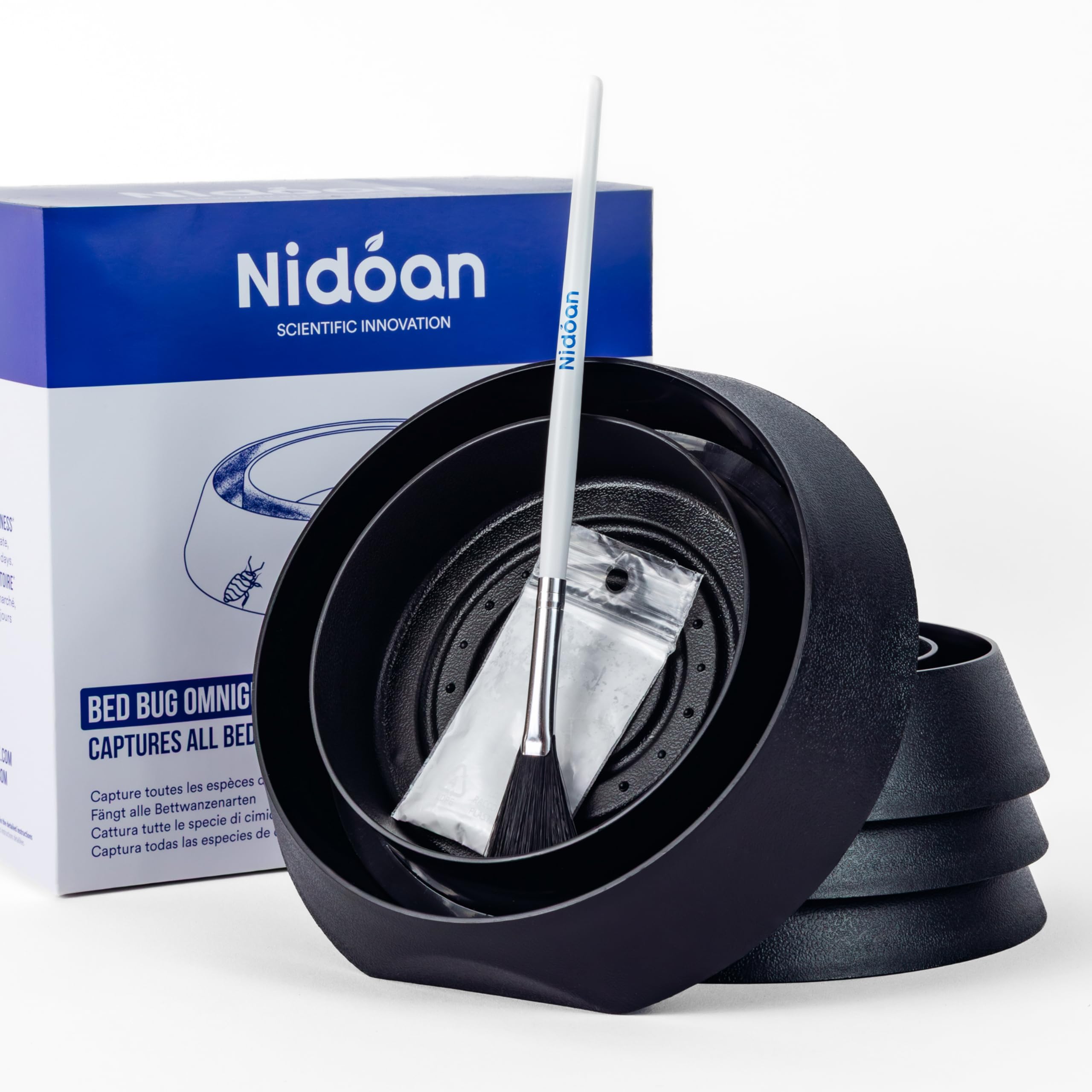 Piège Punaise de Lit Intercepteur OmniGuard Nidoan - Traitement Complet sans Insecticide, Applicateur et Silicate de Magnésium Inclus, 100% Réutilisable, Lot de 4
