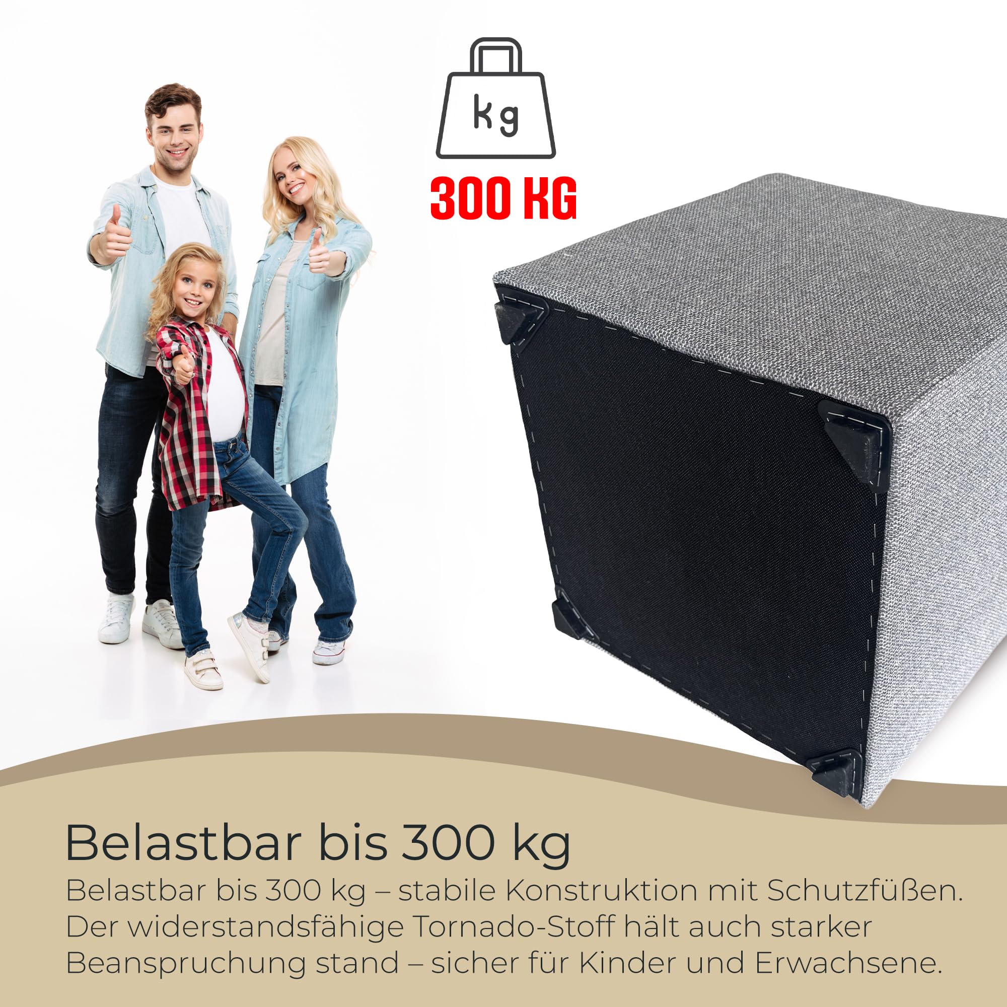 Hocker Wohnzimmer Sitzhocker - Quadratisch 40 x 40 cm - Sofahocker - Tornado Stoff - Grau