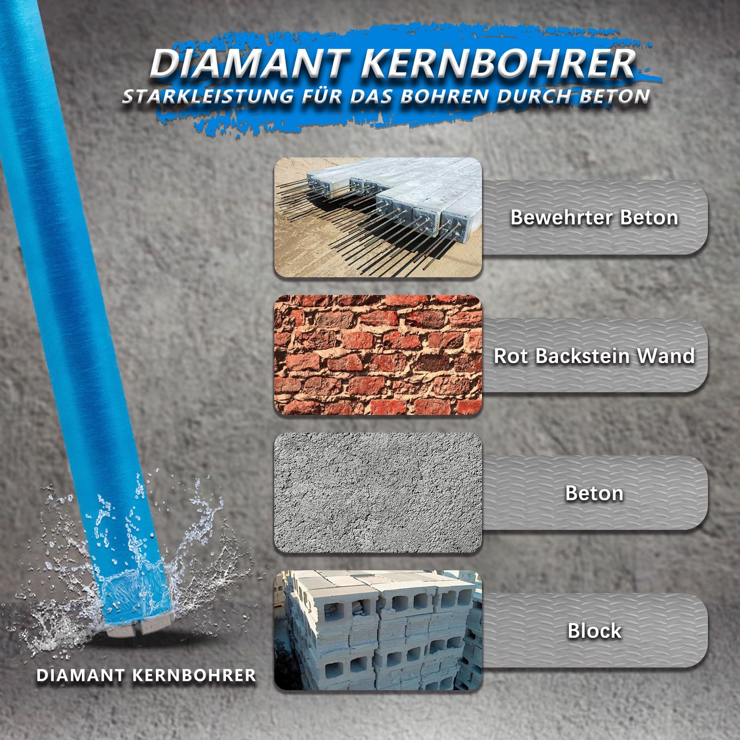 LASERGESCHWEIßT Diamantbohrkrone für Kernbohrkrone 1¼" UNC Nassbohrkrone DM 52mm L 450 mm