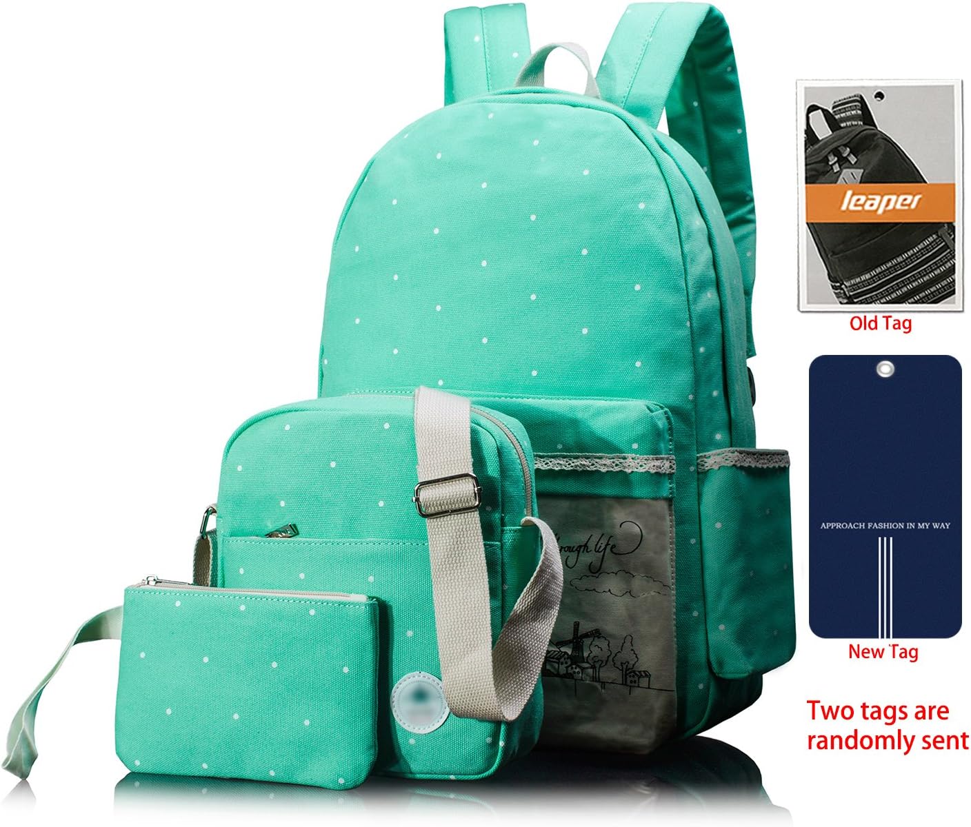 Leaper Cute Canvas School Backpack Cross-body Bag Pencil Bag 3PCS Water Blue