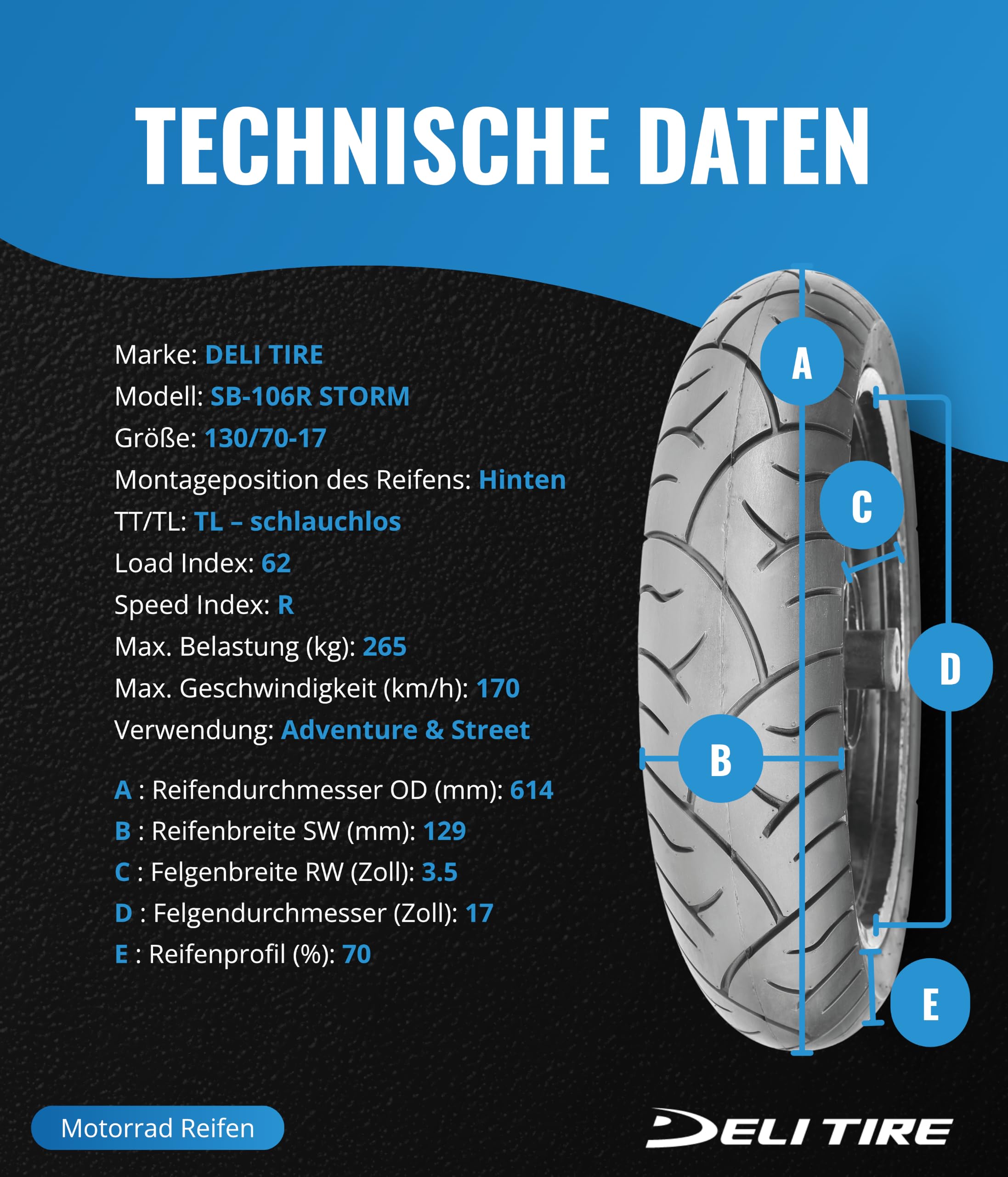 Motorradreifen 17 Zoll 130/70 x 17 Deli sb106r TL 62r (Straße)