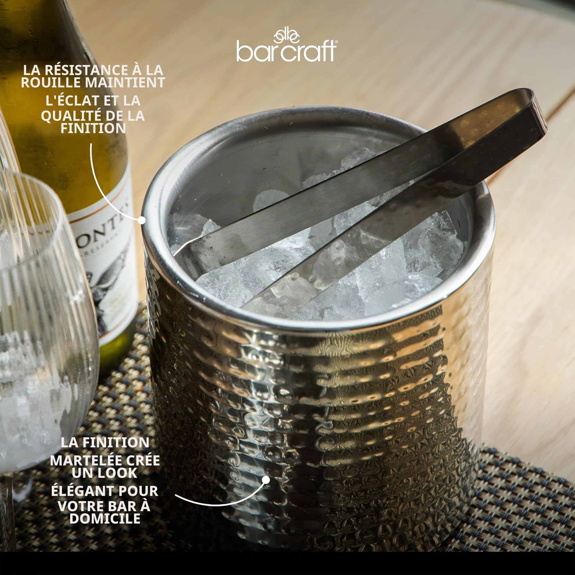 BarCraft Seau à glace en acier inoxydable avec couvercle et pince, 1,5 litre (2,5 pintes) - Finition martelée