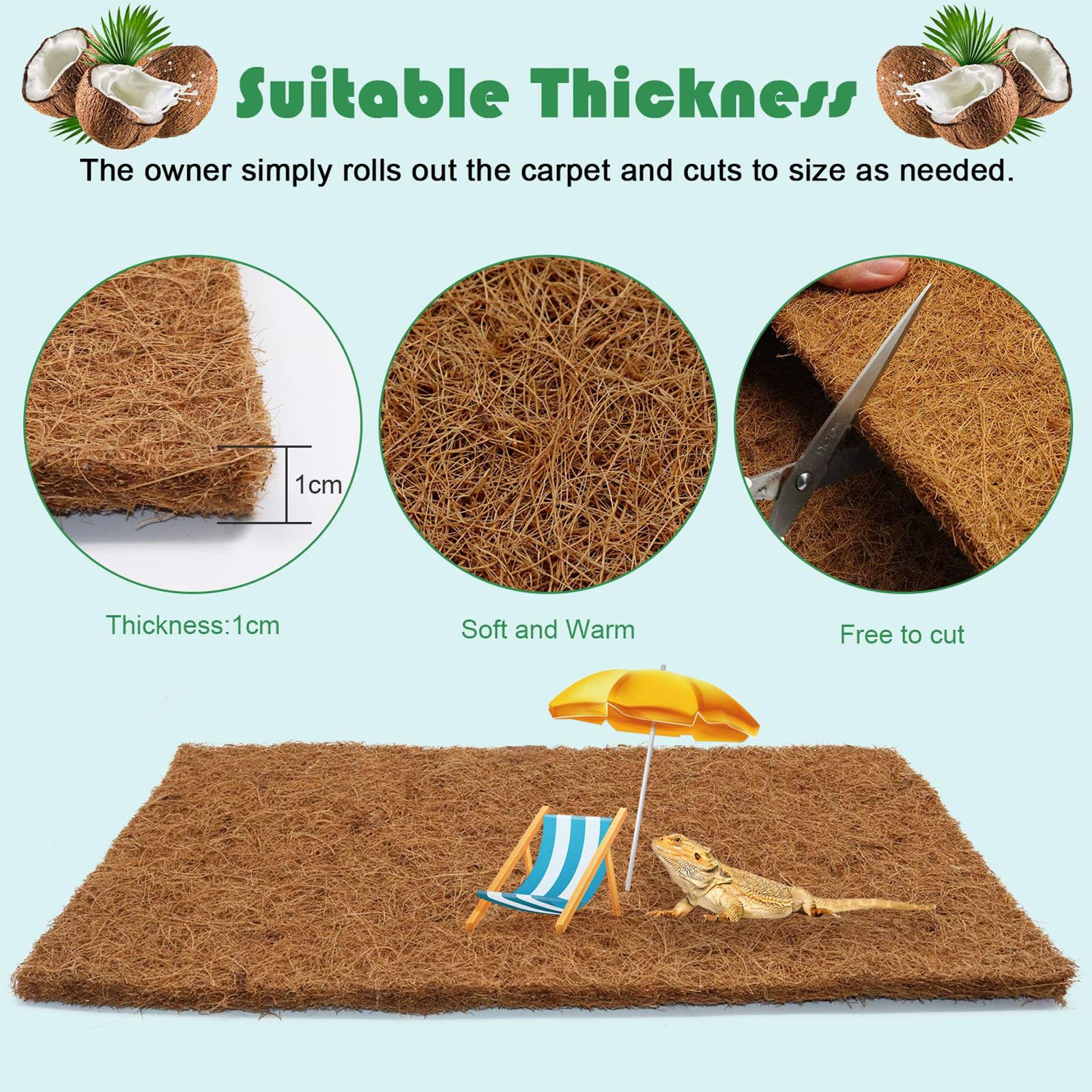 Lot de 4 tapis de reptiles très absorbants en fibre de coco naturelle pour terrariums et literie, tapis hydraté pour reptiles