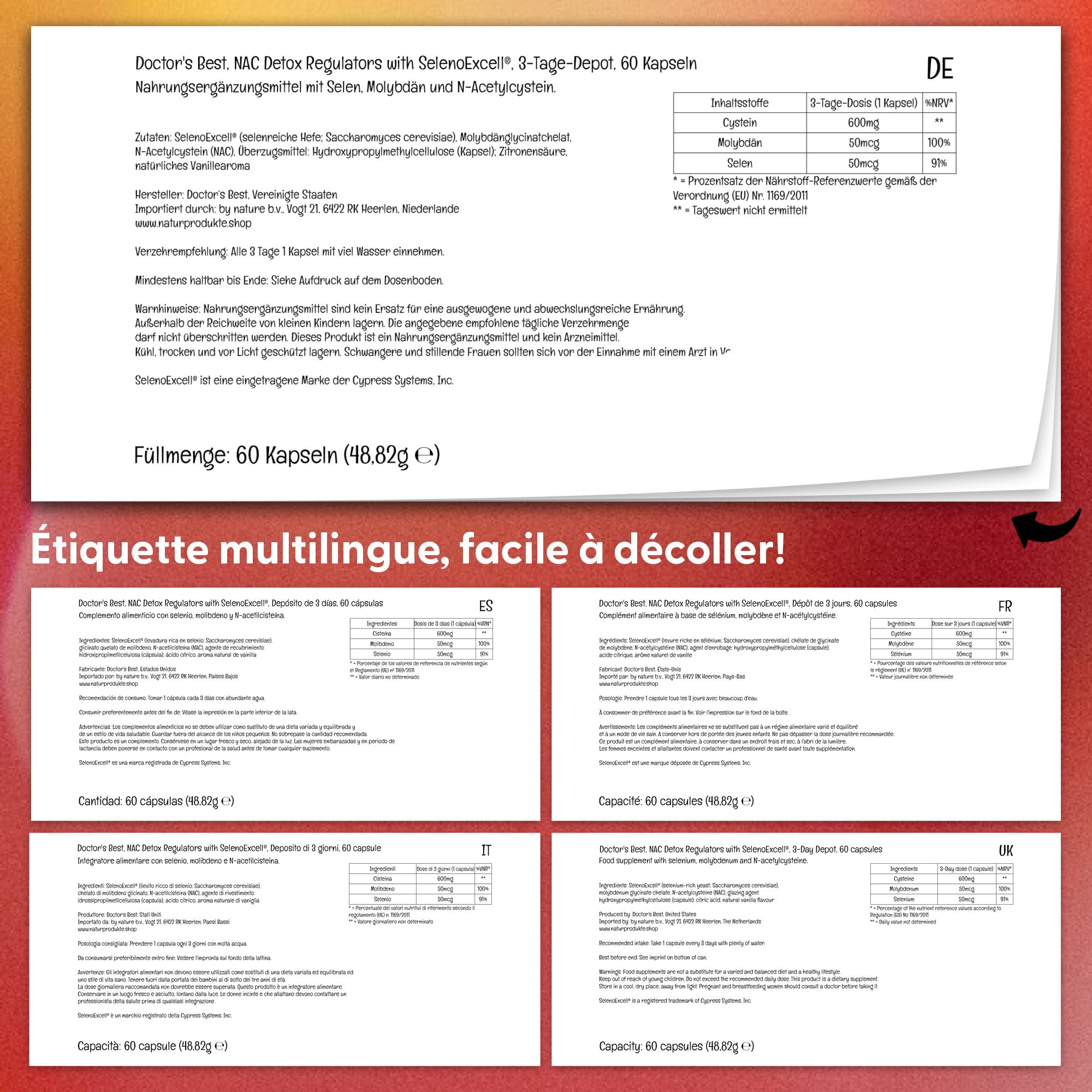 Doctor's Best, NAC Detox Regulators avec Sélénium et Molybdène, Dépôt de 3 Jours, 60 Gélules végétaliennes, Testé en Laboratoire, Sans Gluten, Sans Soja, Végétarien
