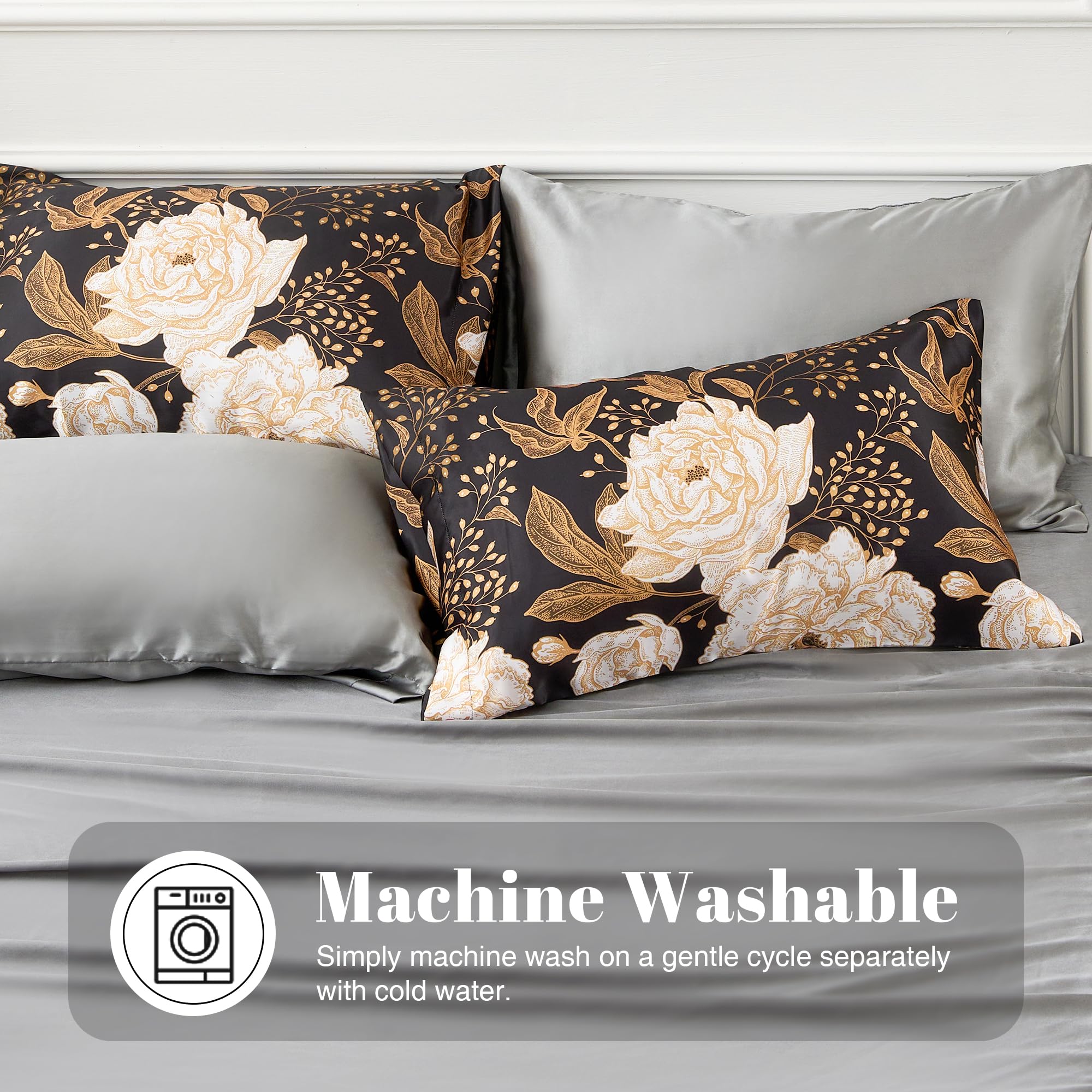 EXQ Home Satin Pillowcase for Hair and Skin Queen - Black Printed Silk Pillow Cases 2 Pack 20x30 inches - Satin Pillow Cases Set of 2 with Envelope Closure, Gifts for Women Men: 05 Vintage Flower Queen(20"x30")