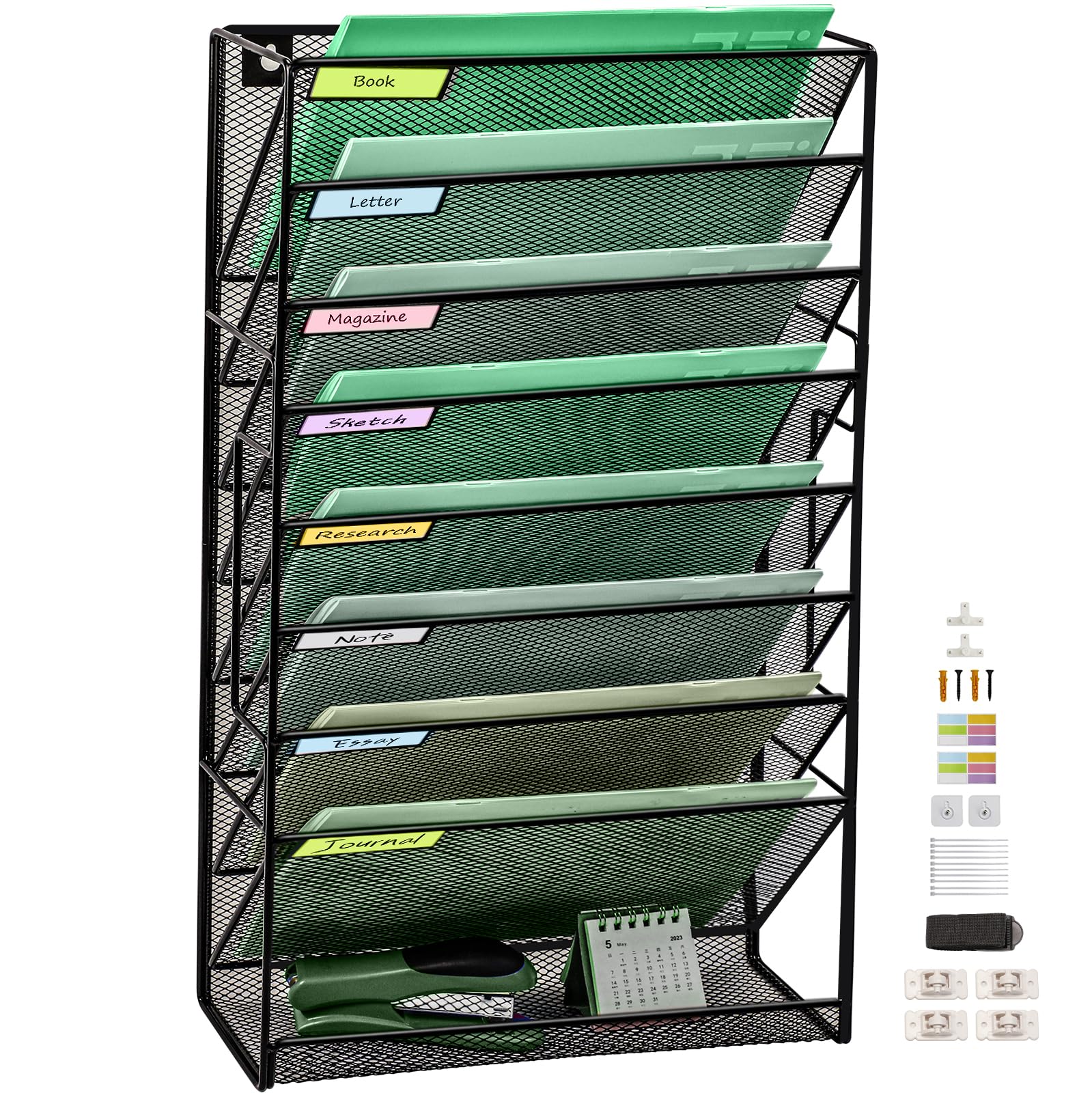 9 Tier Upgrade Mesh Wall File Holder Organizer with Bottom Flat Tray, Medium Mesh Vertical Hanging File Organizer, Office Hanging File Folder Magazine Rack, Nametag Label Hooks Set Included, Black