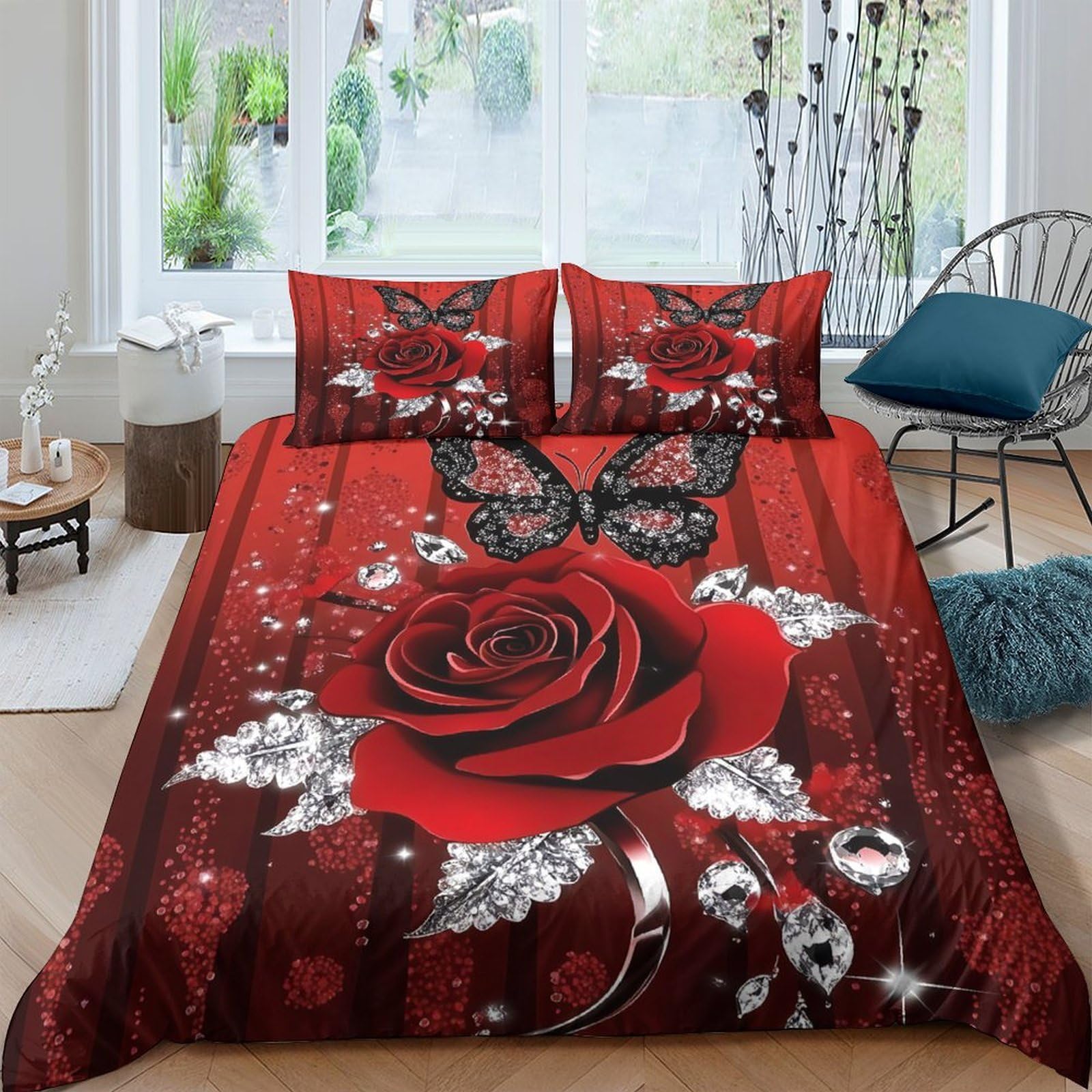 GPLZQXKJNH 3D Printed Red Rose Butterfly Duvet Cover Microfiber Soft Breathable Floral Quilt Cover Set with 2 Pillowcases for Bedroom Decor Single（135x200cm）